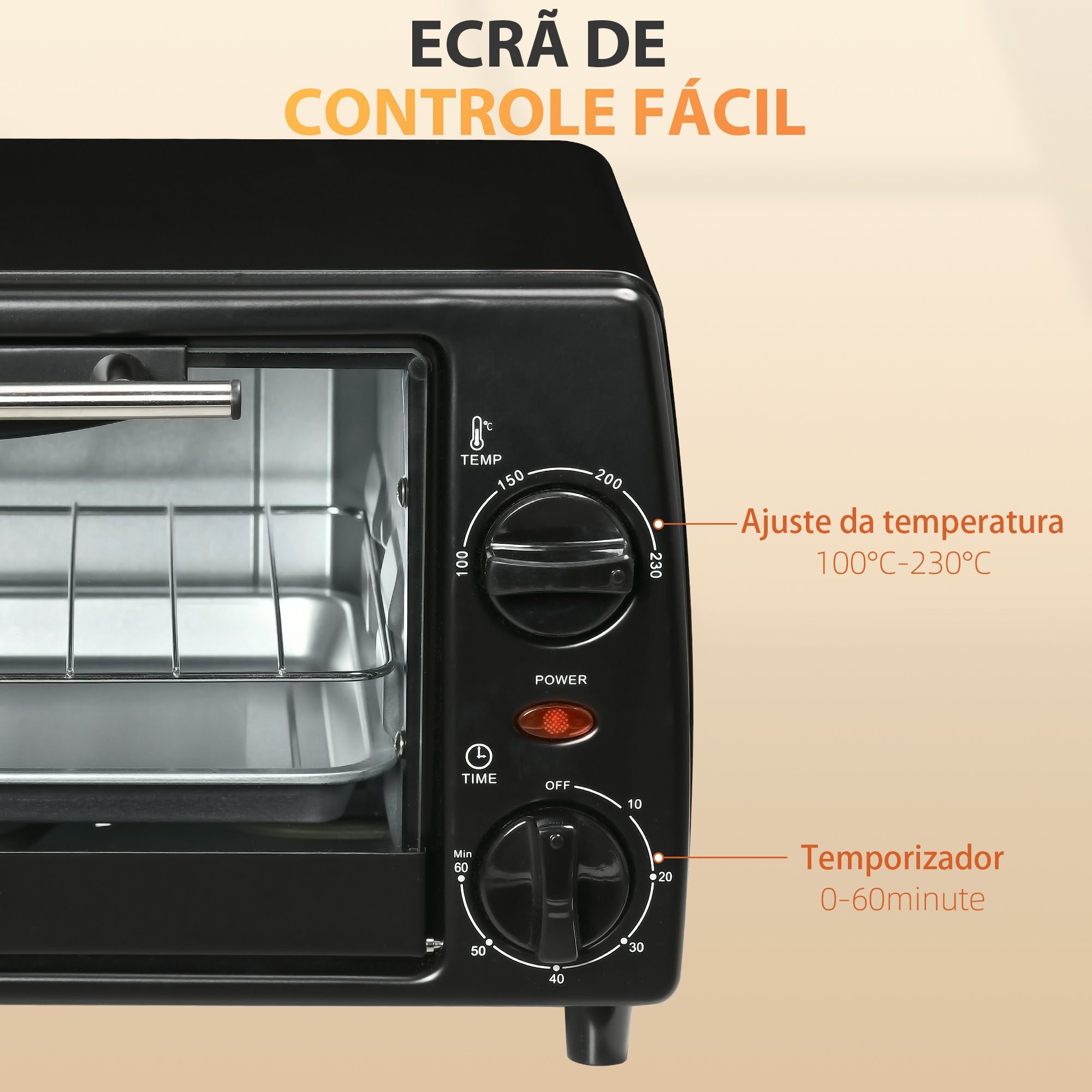 Mini Forno Elétrico – 10 Litros – Preto – Metal e vidro temperado