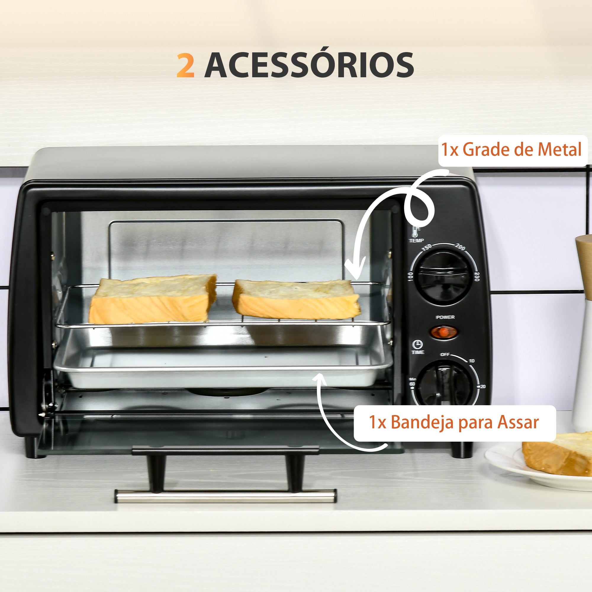 Mini Forno Elétrico – 10 Litros – Preto – Metal e vidro temperado
