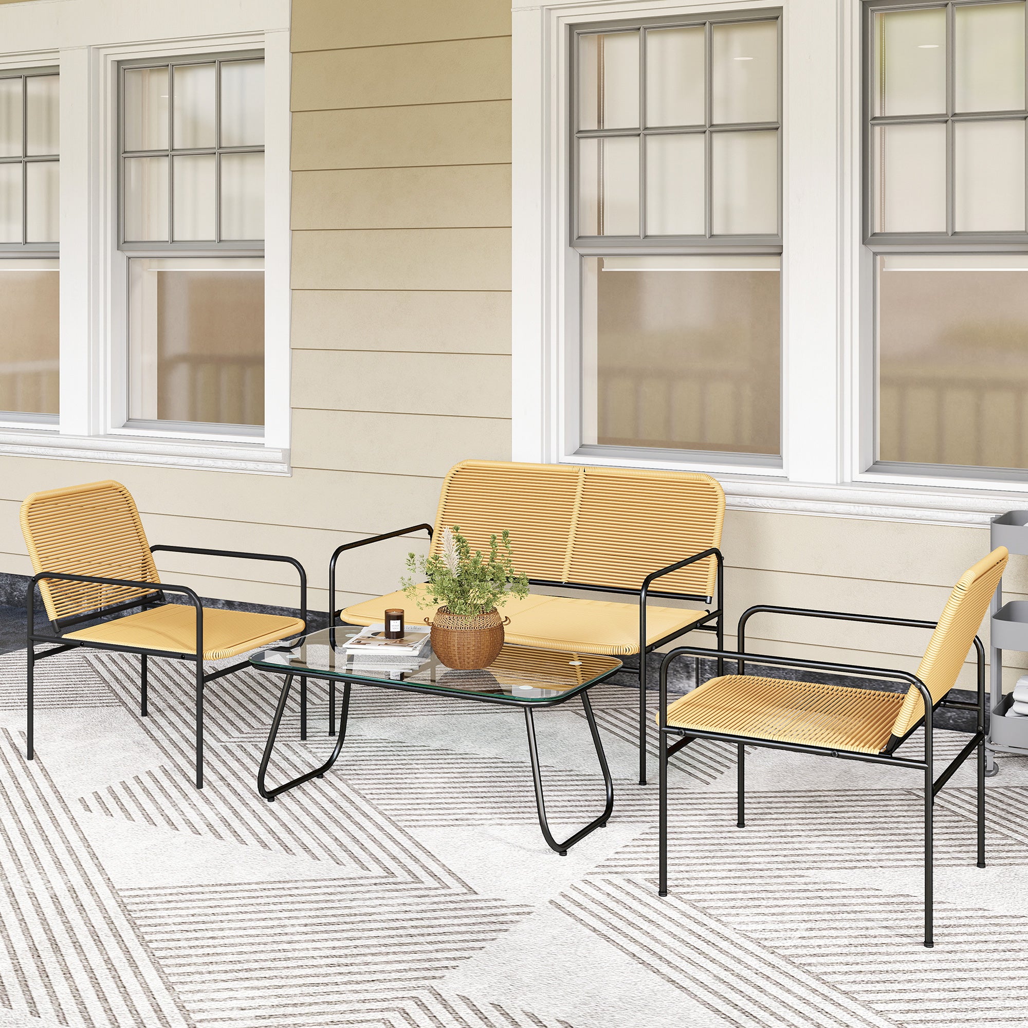 Conjunto de Jardim em Vime 4 Peças - Madeira e Preto (104x68x76 cm)