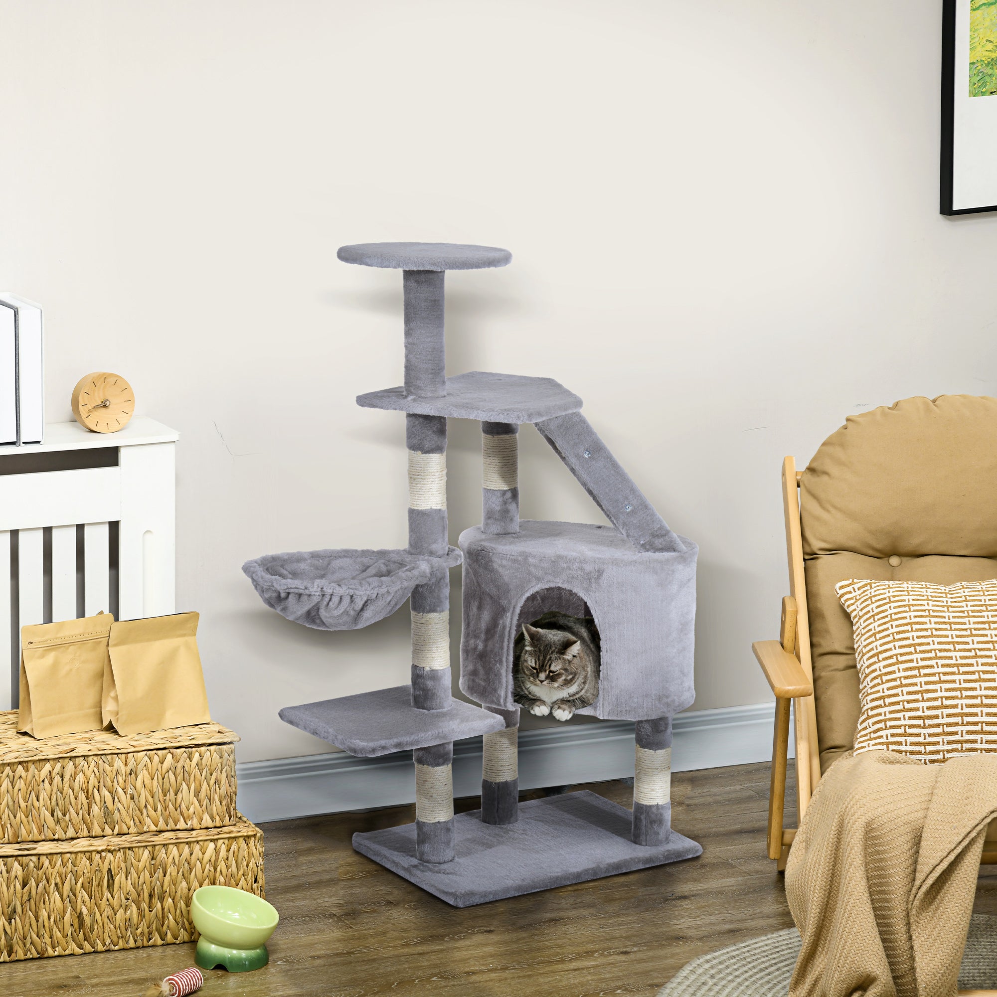 Arranhador para Gatos Cinzento 55x40x125cm - Centro de Atividades com Postes e Caverna