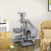 Arranhador para Gatos Cinzento 55x40x125cm - Centro de Atividades com Postes e Caverna