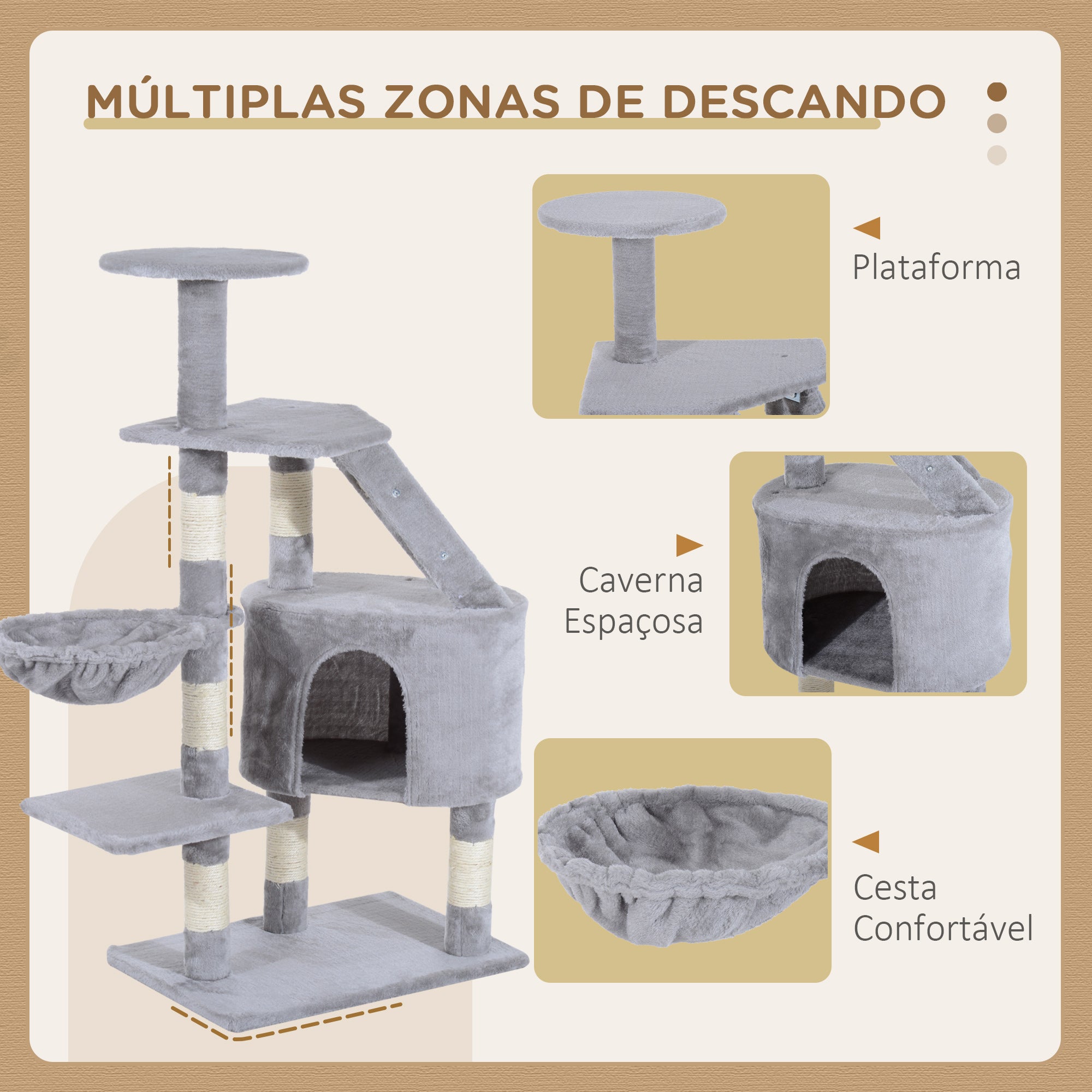 Arranhador para Gatos Cinzento 55x40x125cm - Centro de Atividades com Postes e Caverna