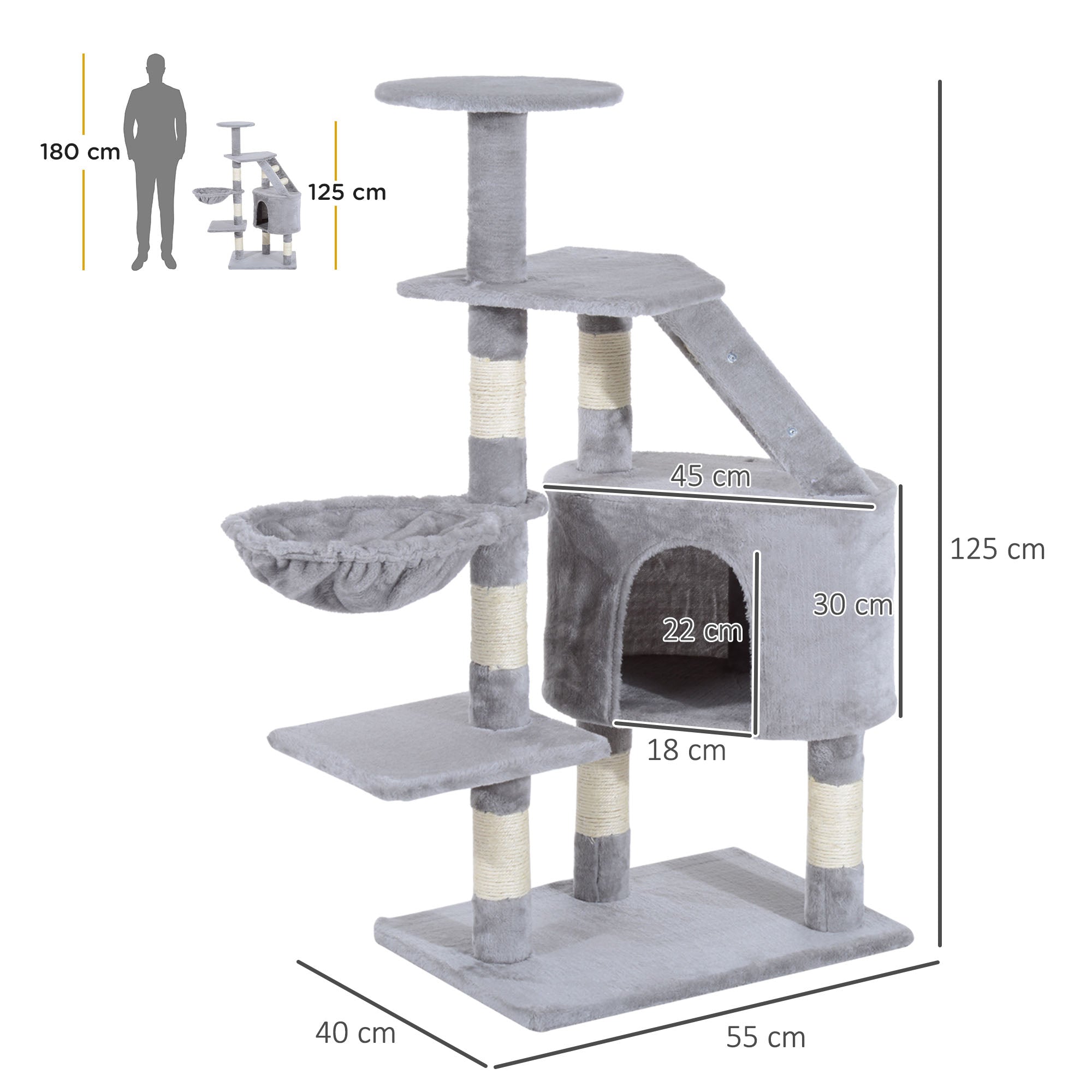 Arranhador para Gatos Cinzento 55x40x125cm - Centro de Atividades com Postes e Caverna