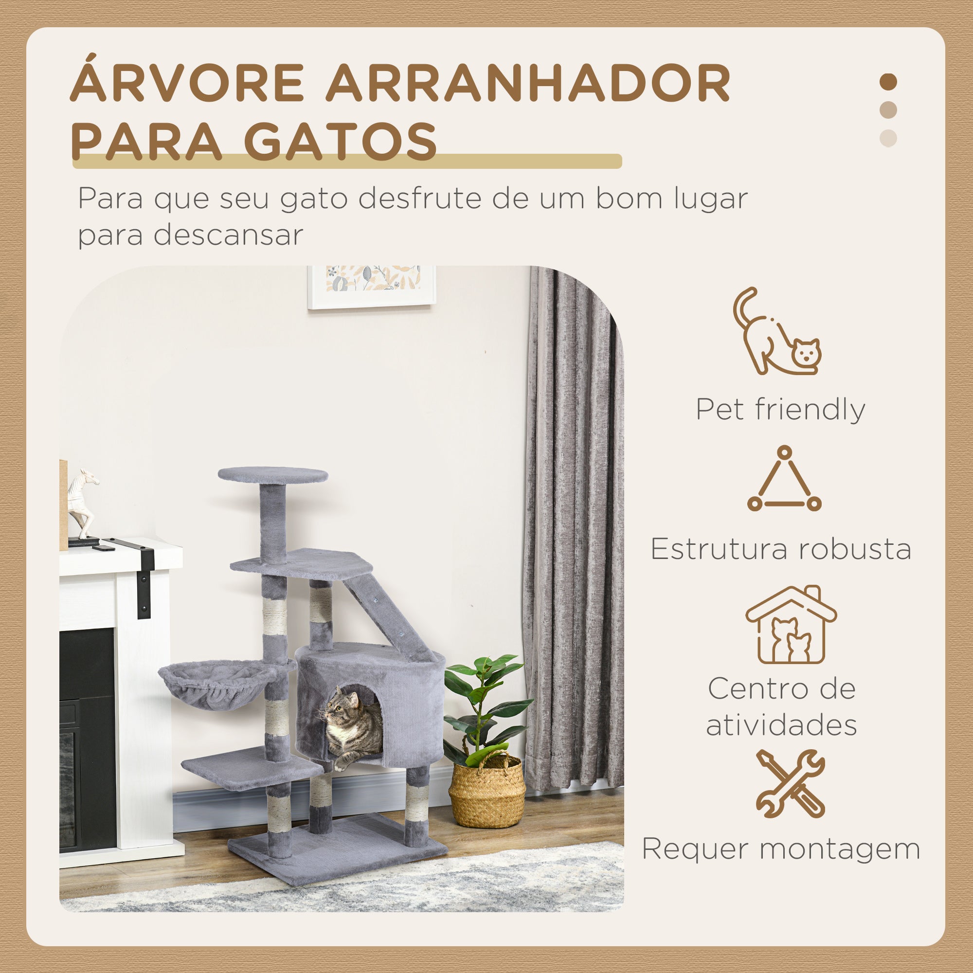 Arranhador para Gatos Cinzento 55x40x125cm - Centro de Atividades com Postes e Caverna