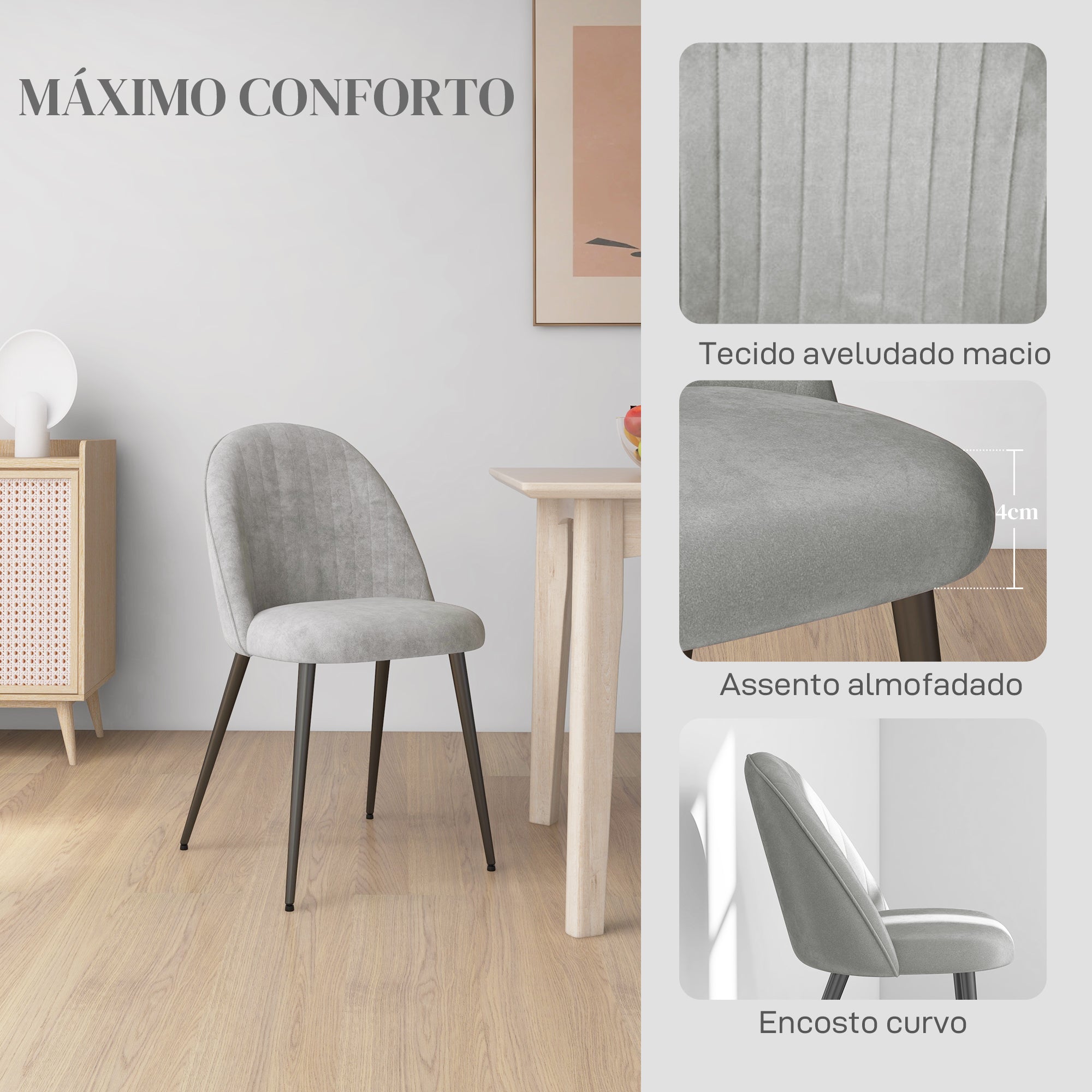Conjunto de 4 Cadeiras de Sala de Jantar Estofadas em Veludo Cinza Claro 50x52x83 cm