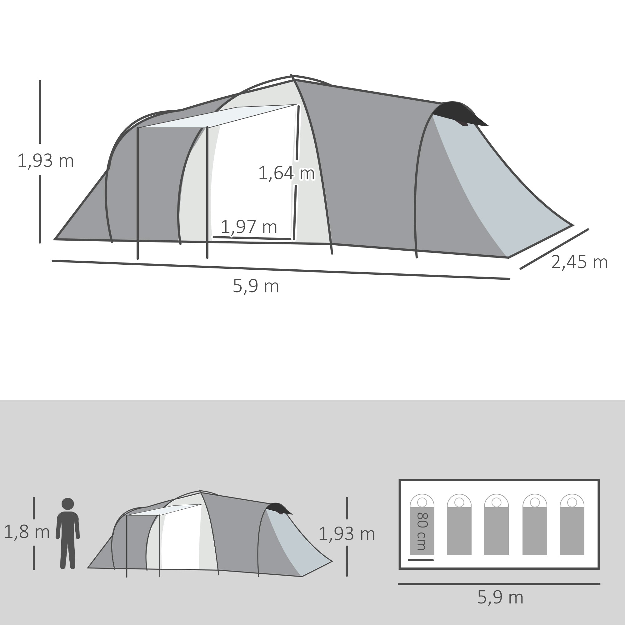 Tenda de Campismo Familiar para 4-6 Pessoas 590x245x193 cm Cinza Claro