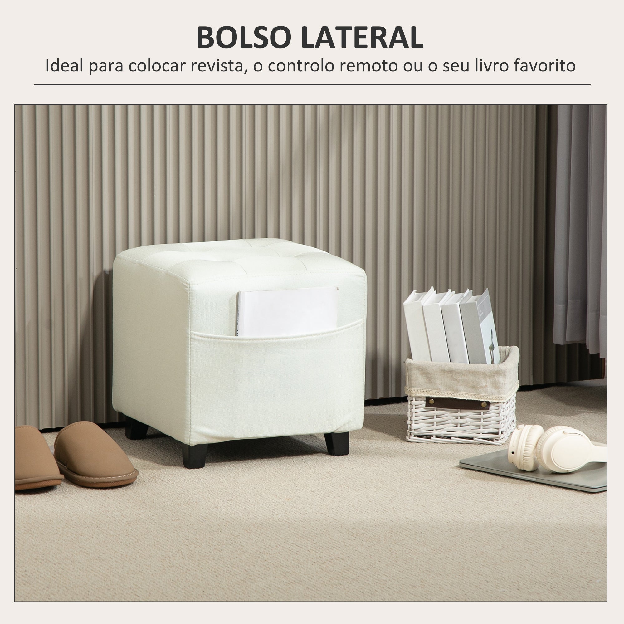 Banco Apoio para os Pés – 35x35x35 cm – Cor Creme – tecido de linho, espuma, madeira de borracha e madeira de eucalipto