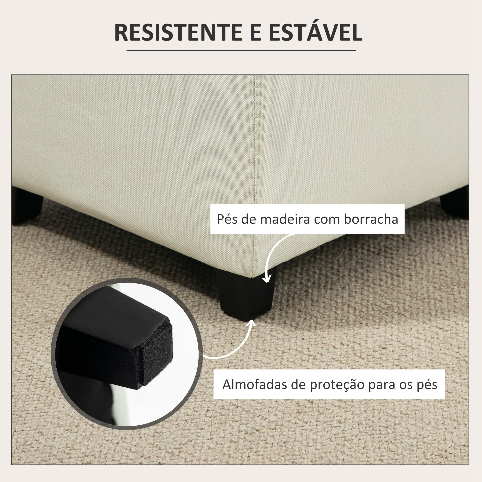 Banco Apoio para os Pés – 35x35x35 cm – Cor Creme – tecido de linho, espuma, madeira de borracha e madeira de eucalipto