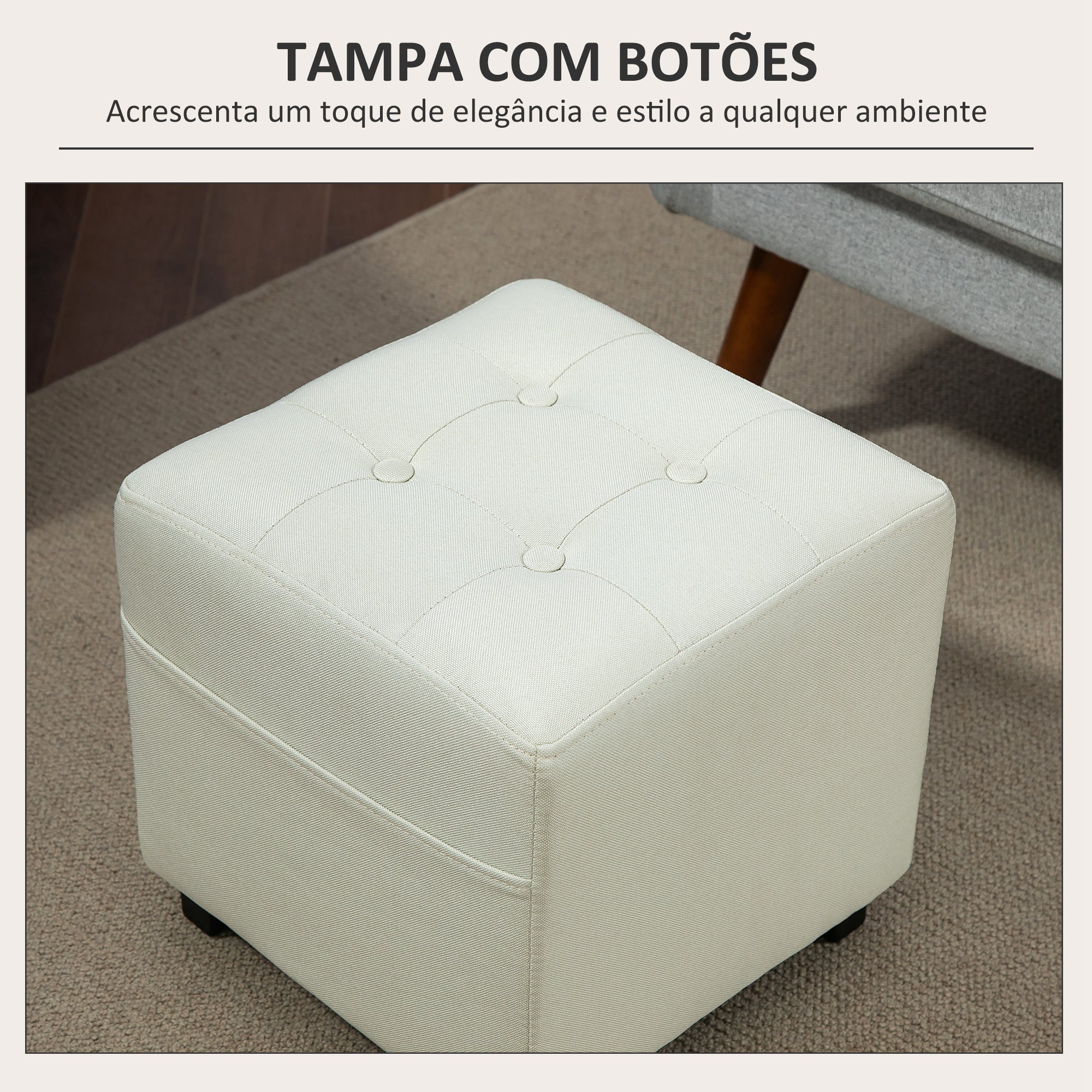 Banco Apoio para os Pés – 35x35x35 cm – Cor Creme – tecido de linho, espuma, madeira de borracha e madeira de eucalipto