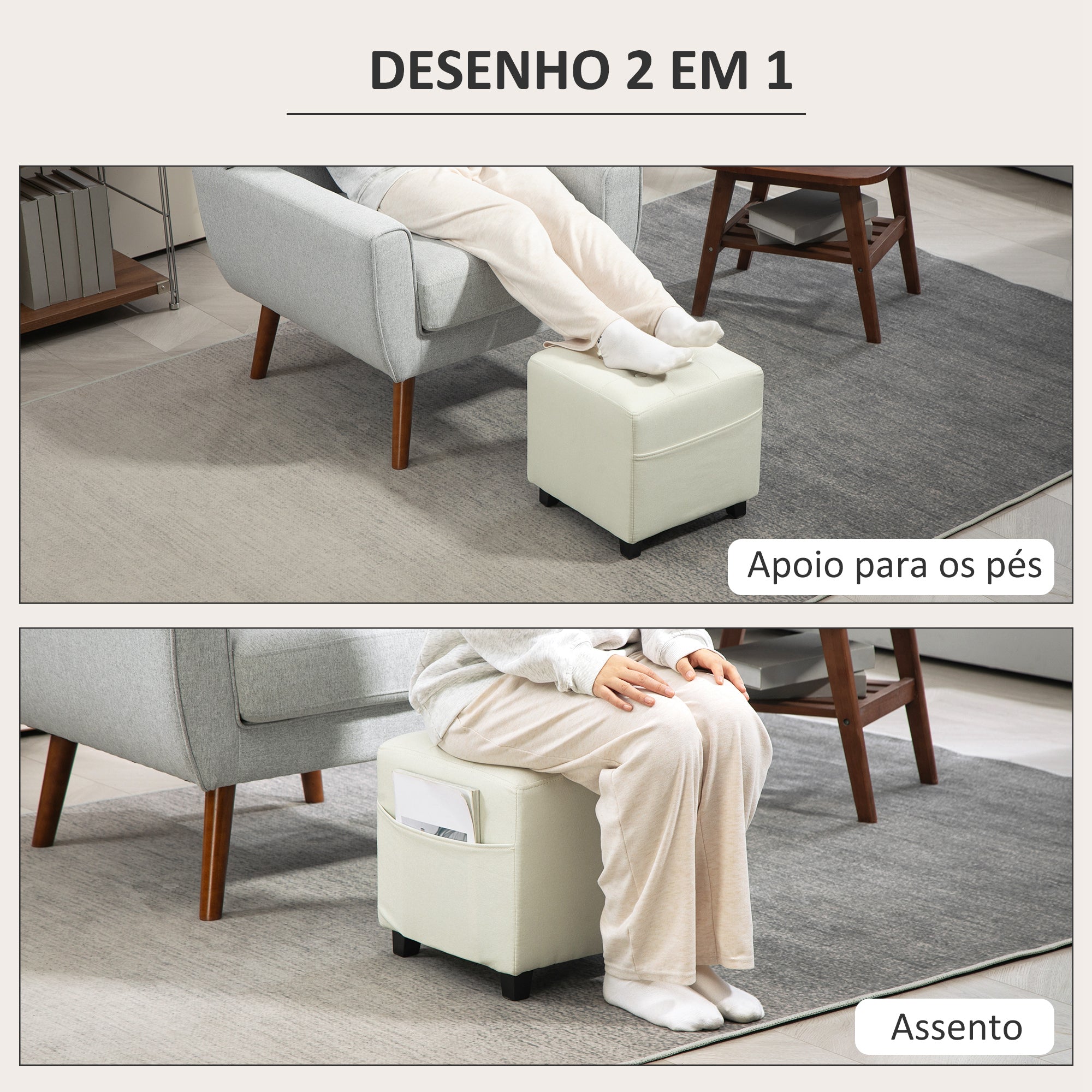 Banco Apoio para os Pés – 35x35x35 cm – Cor Creme – tecido de linho, espuma, madeira de borracha e madeira de eucalipto