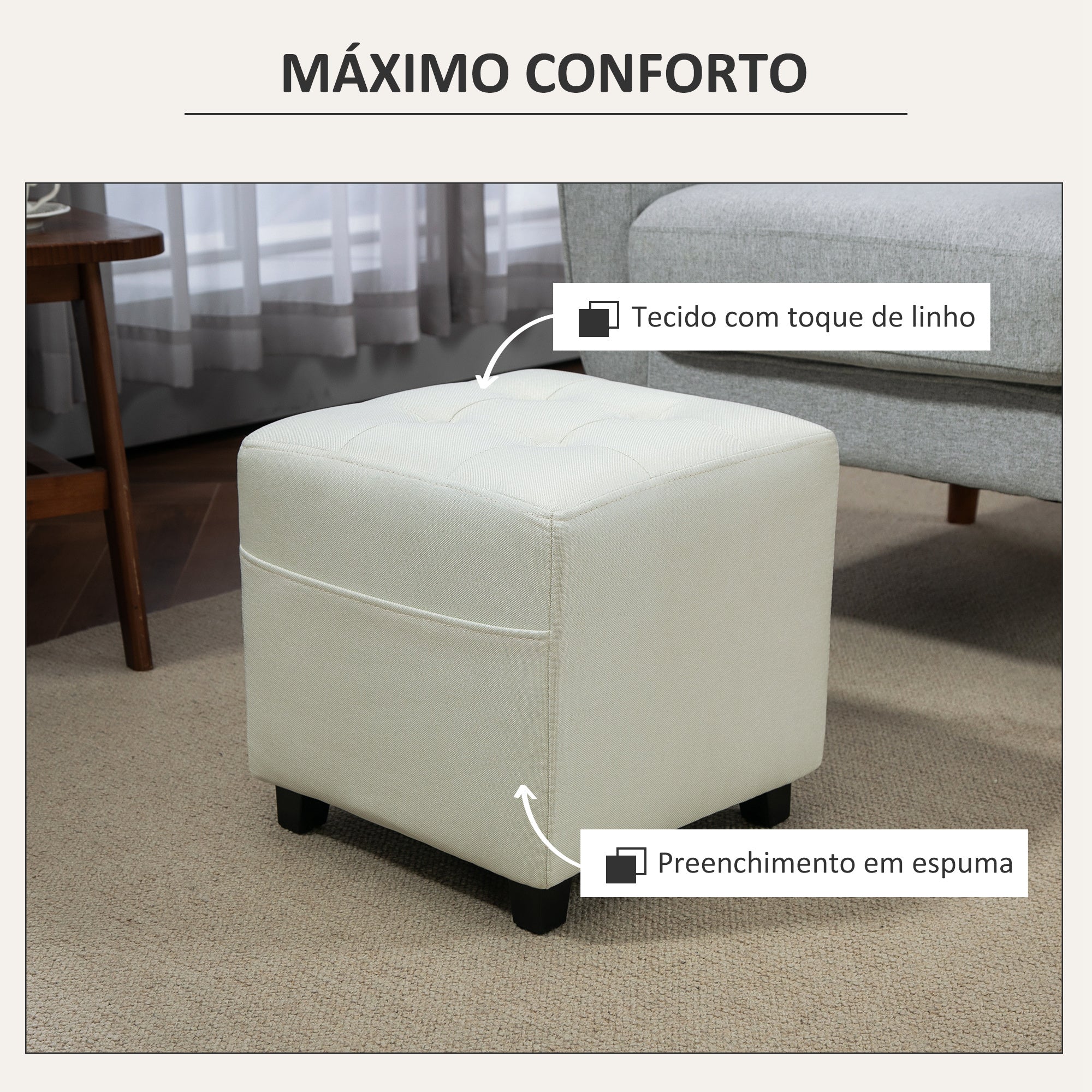 Banco Apoio para os Pés – 35x35x35 cm – Cor Creme – tecido de linho, espuma, madeira de borracha e madeira de eucalipto