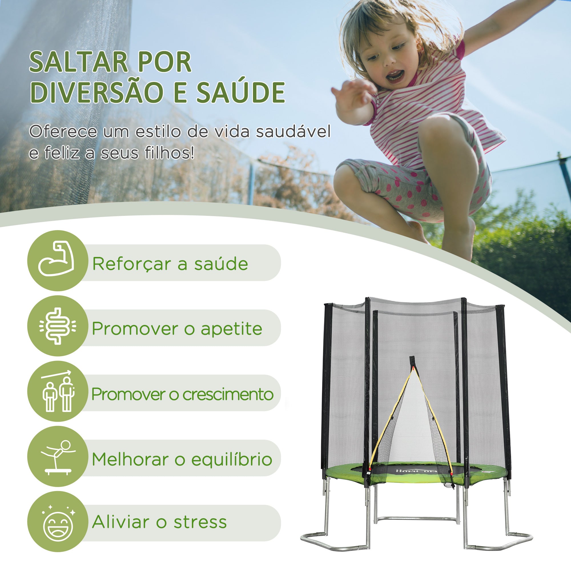 Trampolim de Jardim Ø223cm Verde para Diversão ao Ar Livre