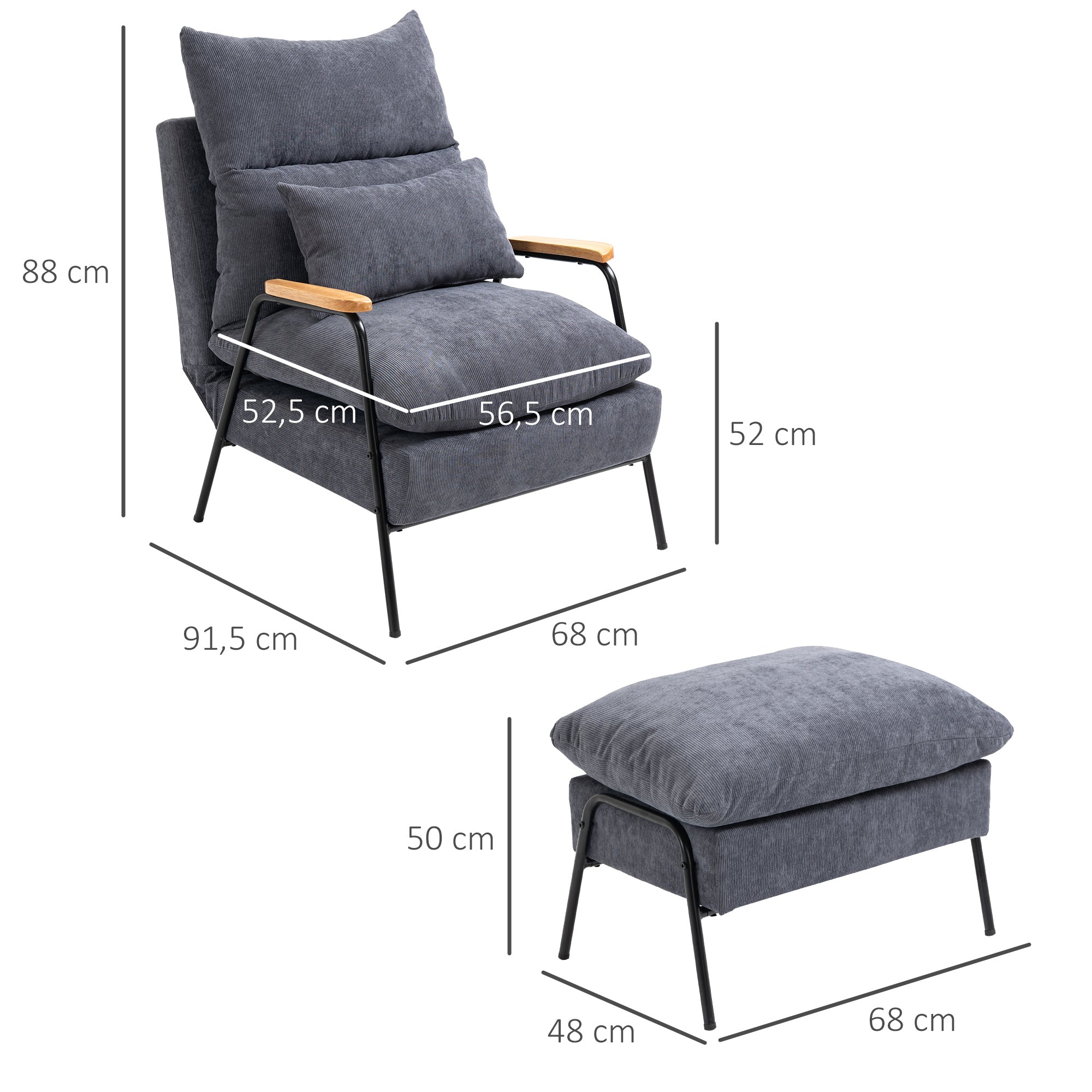 Poltrona Relax – 68x91,5x88cm – Cinzenta – Veludo