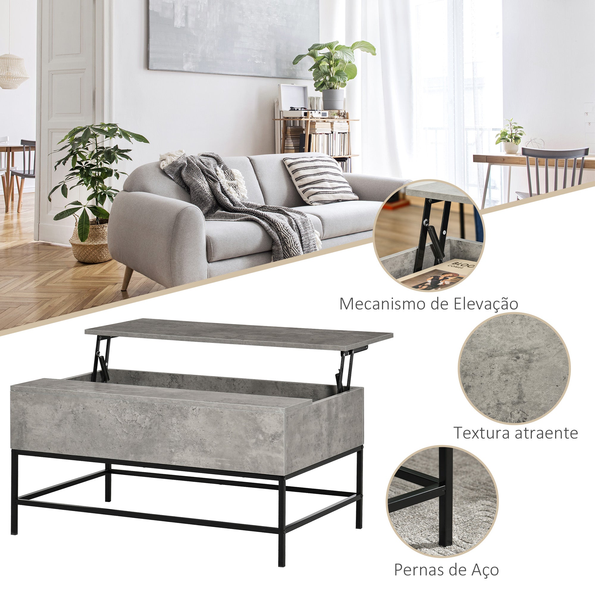 Mesa de Centro Elevável Versátil 90x60,5x45,5 cm - Cinzento e Preto