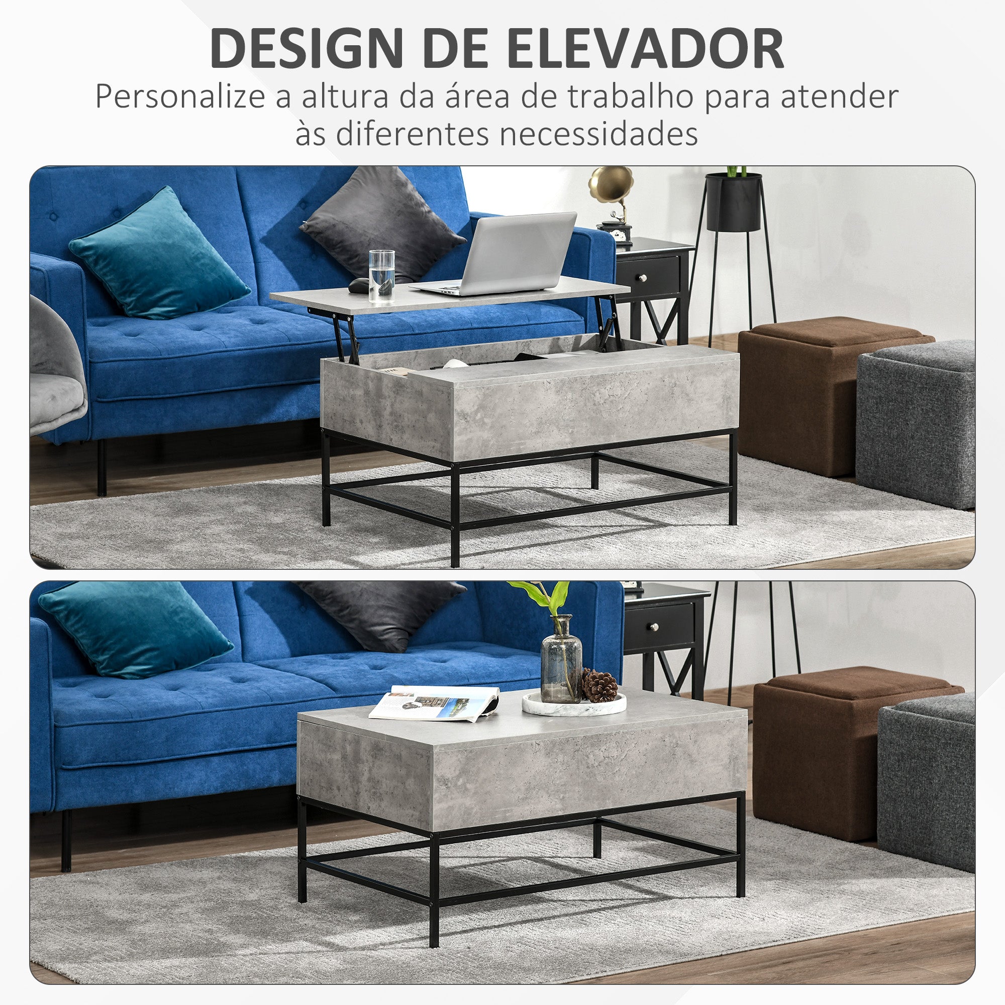 Mesa de Centro Elevável Versátil 90x60,5x45,5 cm - Cinzento e Preto