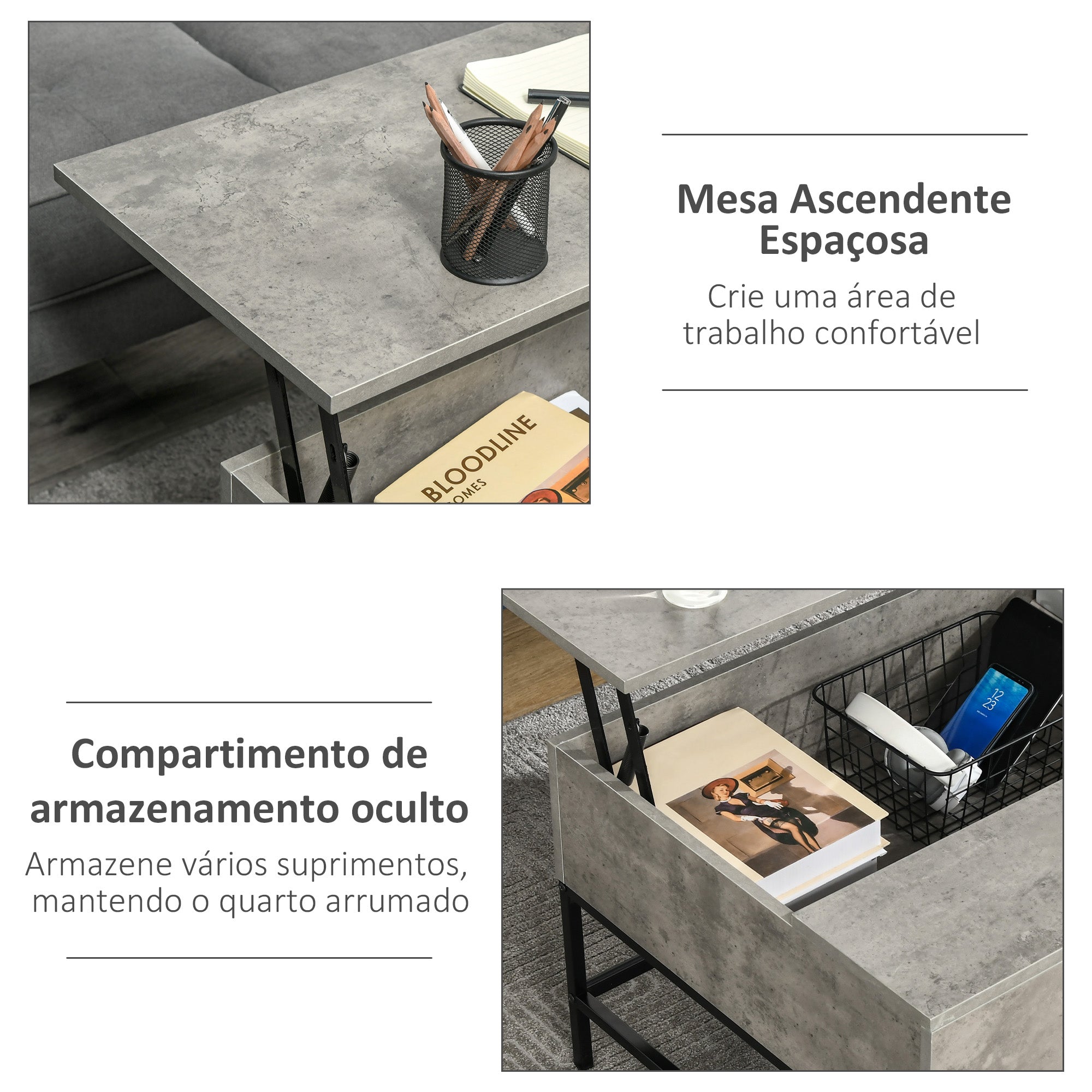 Mesa de Centro Elevável Versátil 90x60,5x45,5 cm - Cinzento e Preto