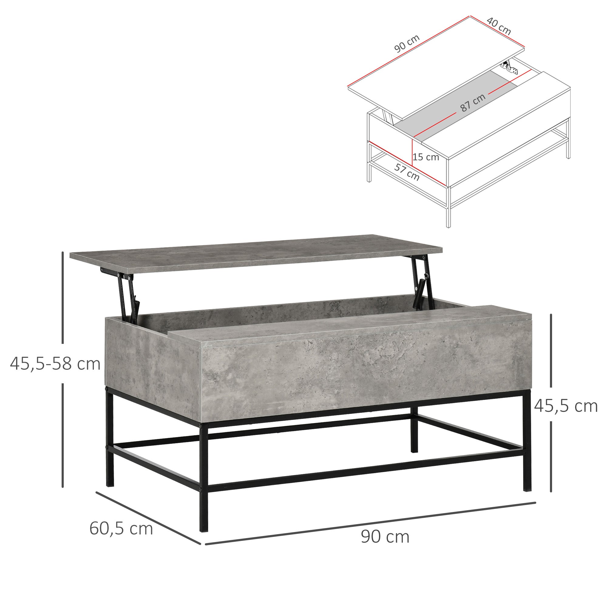 Mesa de Centro Elevável Versátil 90x60,5x45,5 cm - Cinzento e Preto