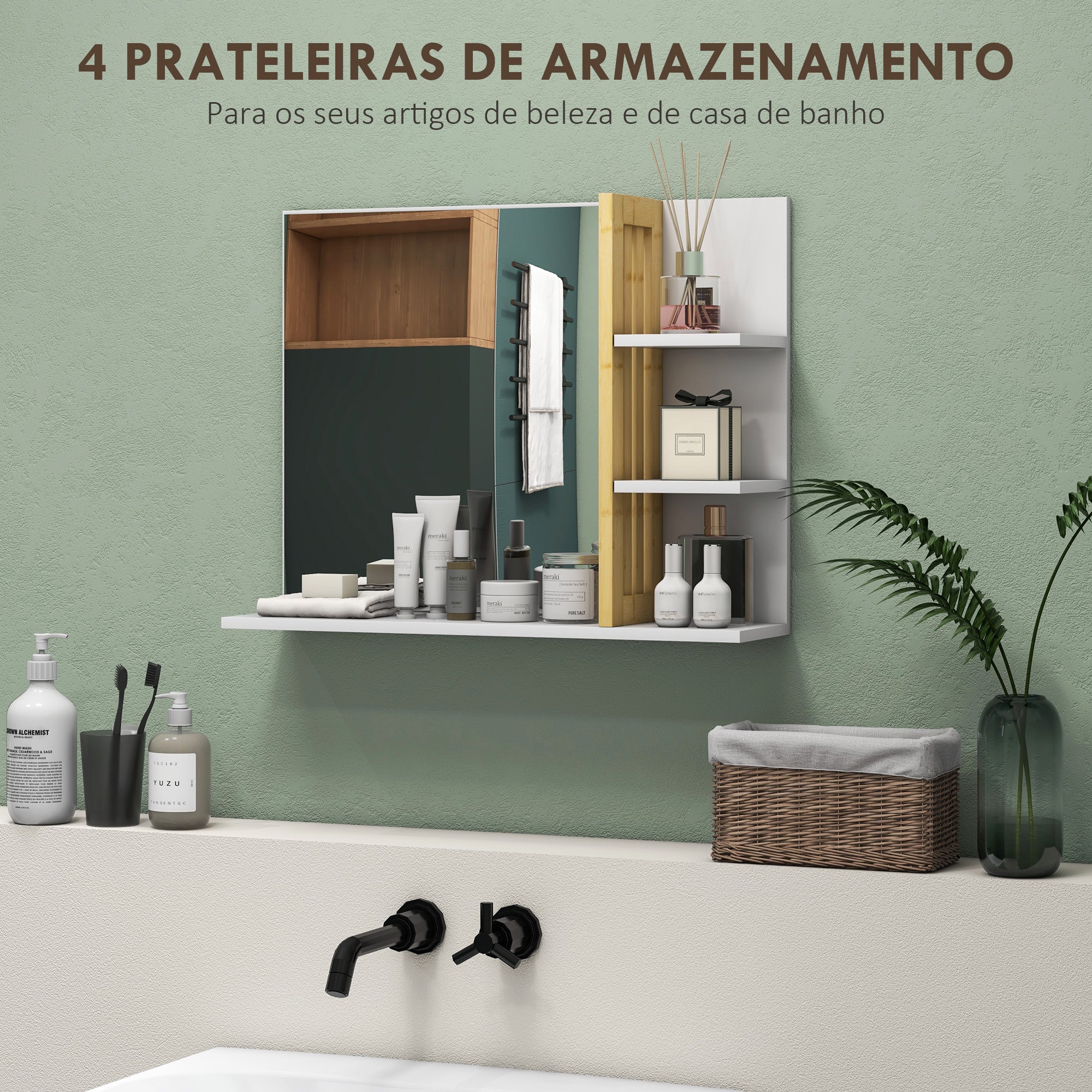 Espelho de Casa de Banho com 4 Prateleiras de Armazenamento 45x15x58,5 cm - Branco