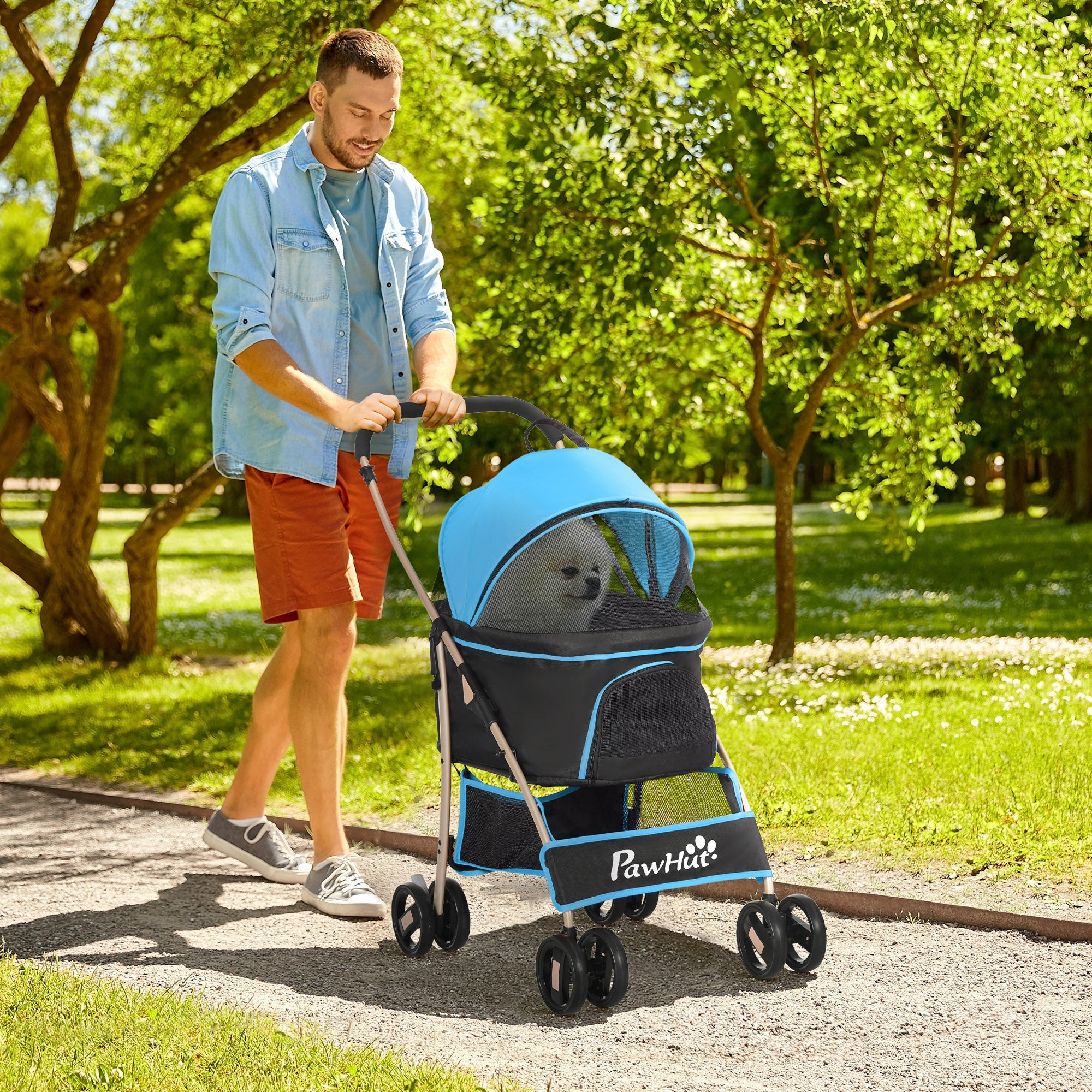 Carrinho para Animais de Estimação 3 em 1 – 82x49,5x98cm – Azul – Aço e Tecido Oxford