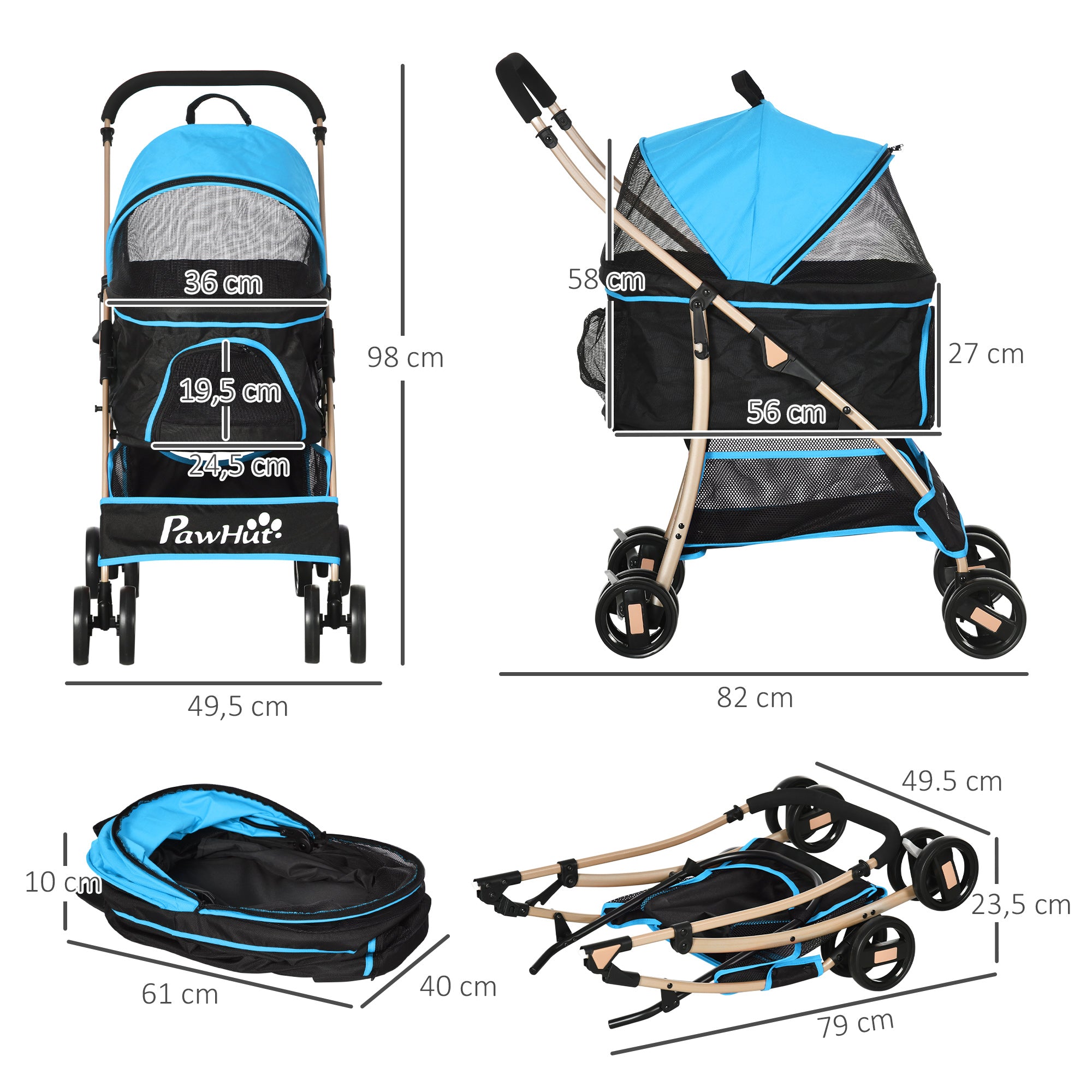 Carrinho para Animais de Estimação 3 em 1 – 82x49,5x98cm – Azul – Aço e Tecido Oxford