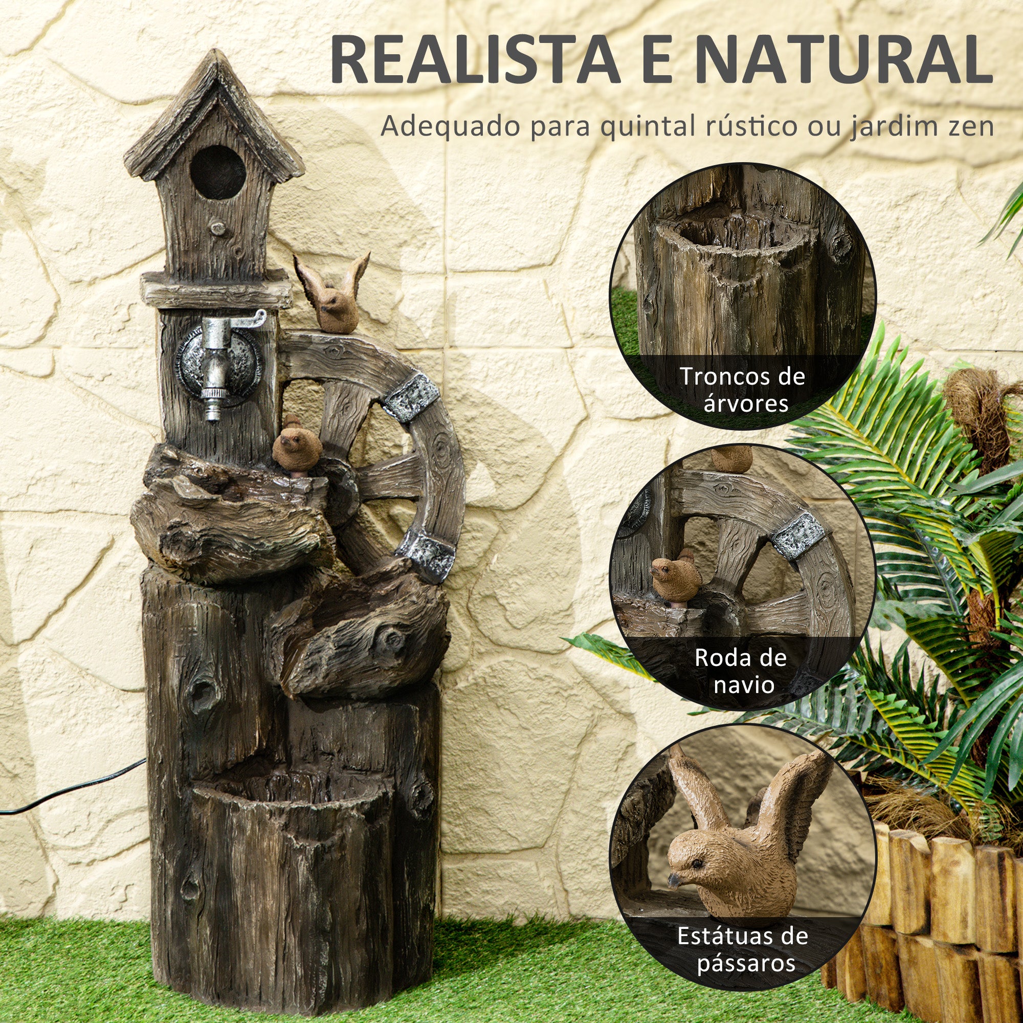 Fonte de Jardim Multicor 34,5x29,5x92 cm com Casa para Pássaros e Luzes LED