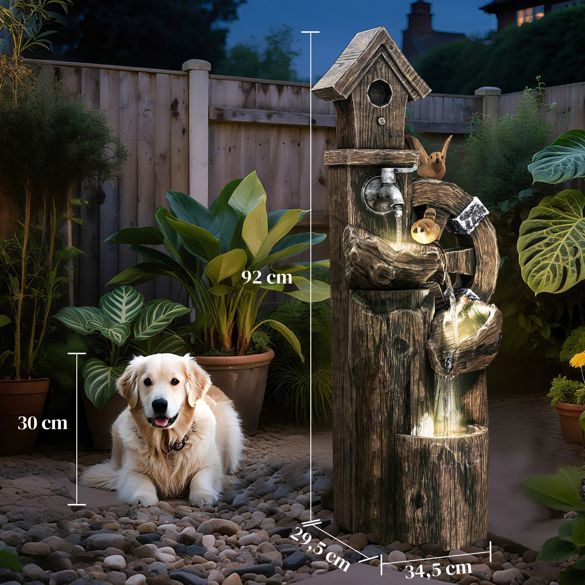 Fonte de Jardim Multicor 34,5x29,5x92 cm com Casa para Pássaros e Luzes LED