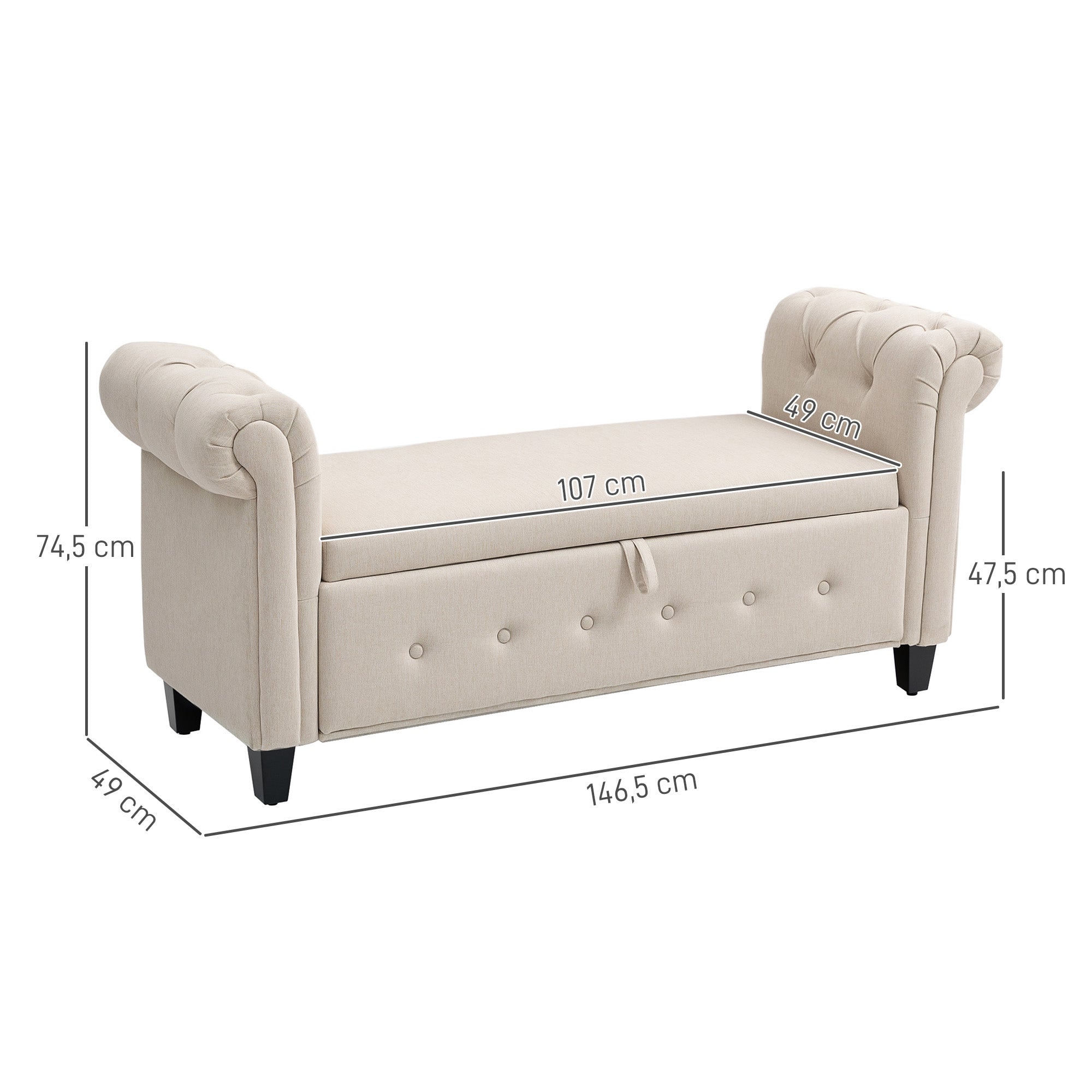Banco Acolchoado com Armazenamento – 146,5x49x74,5 cm – Bege – Tecido de poliéster e Madeira de borracha