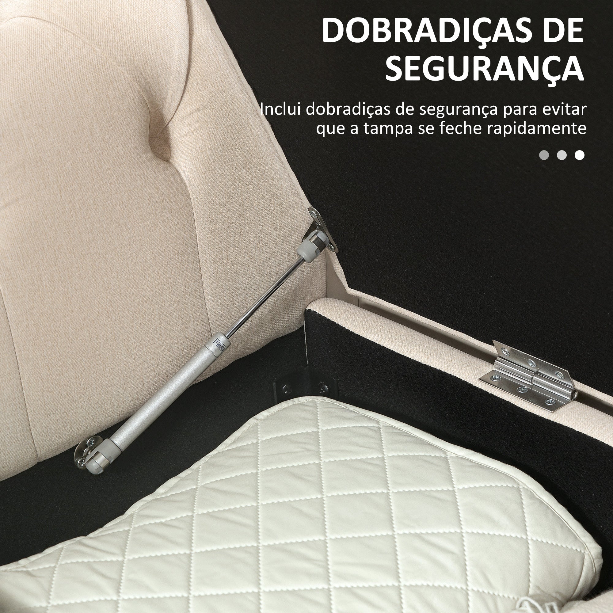 Banco Acolchoado com Armazenamento – 146,5x49x74,5 cm – Bege – Tecido de poliéster e Madeira de borracha