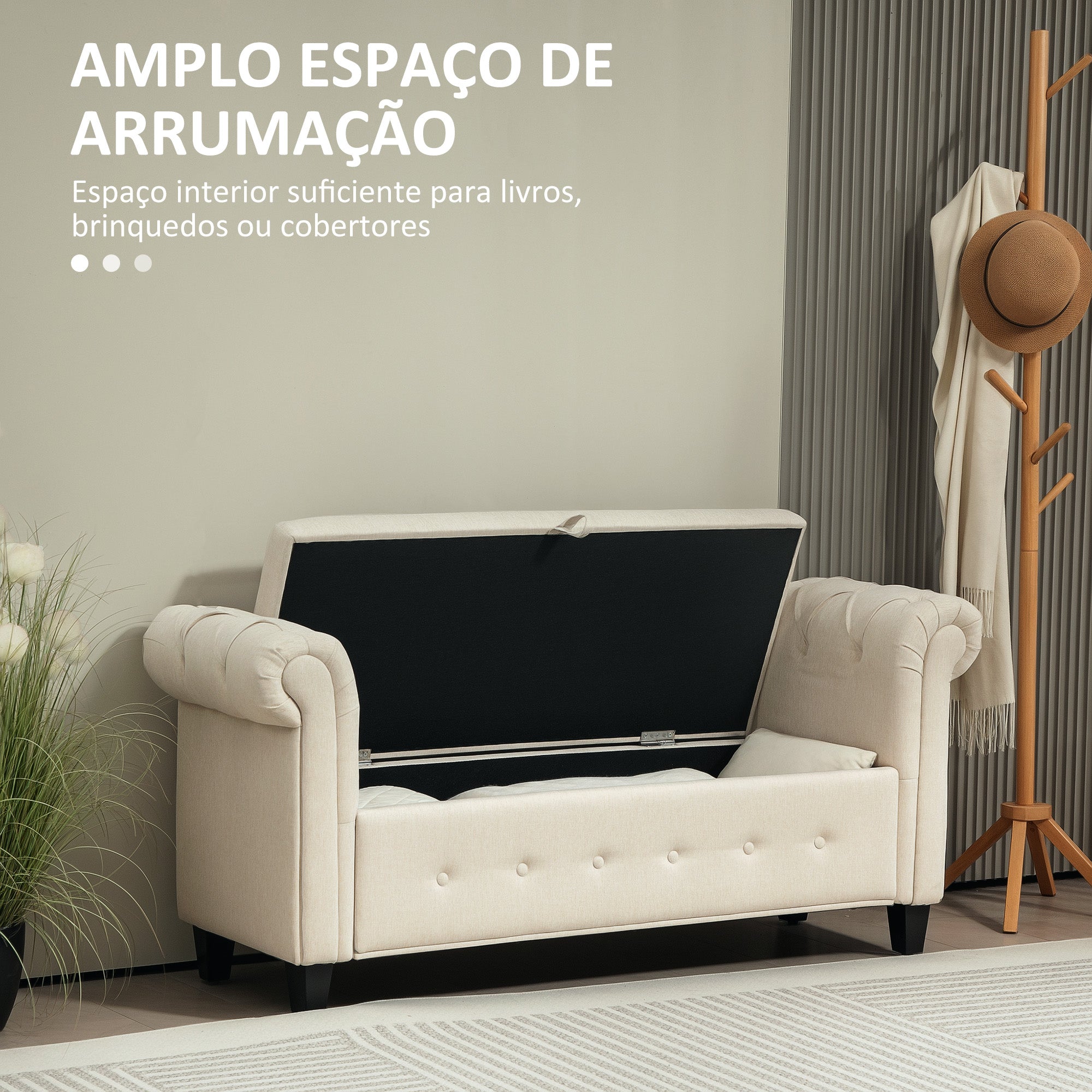 Banco Acolchoado com Armazenamento – 146,5x49x74,5 cm – Bege – Tecido de poliéster e Madeira de borracha
