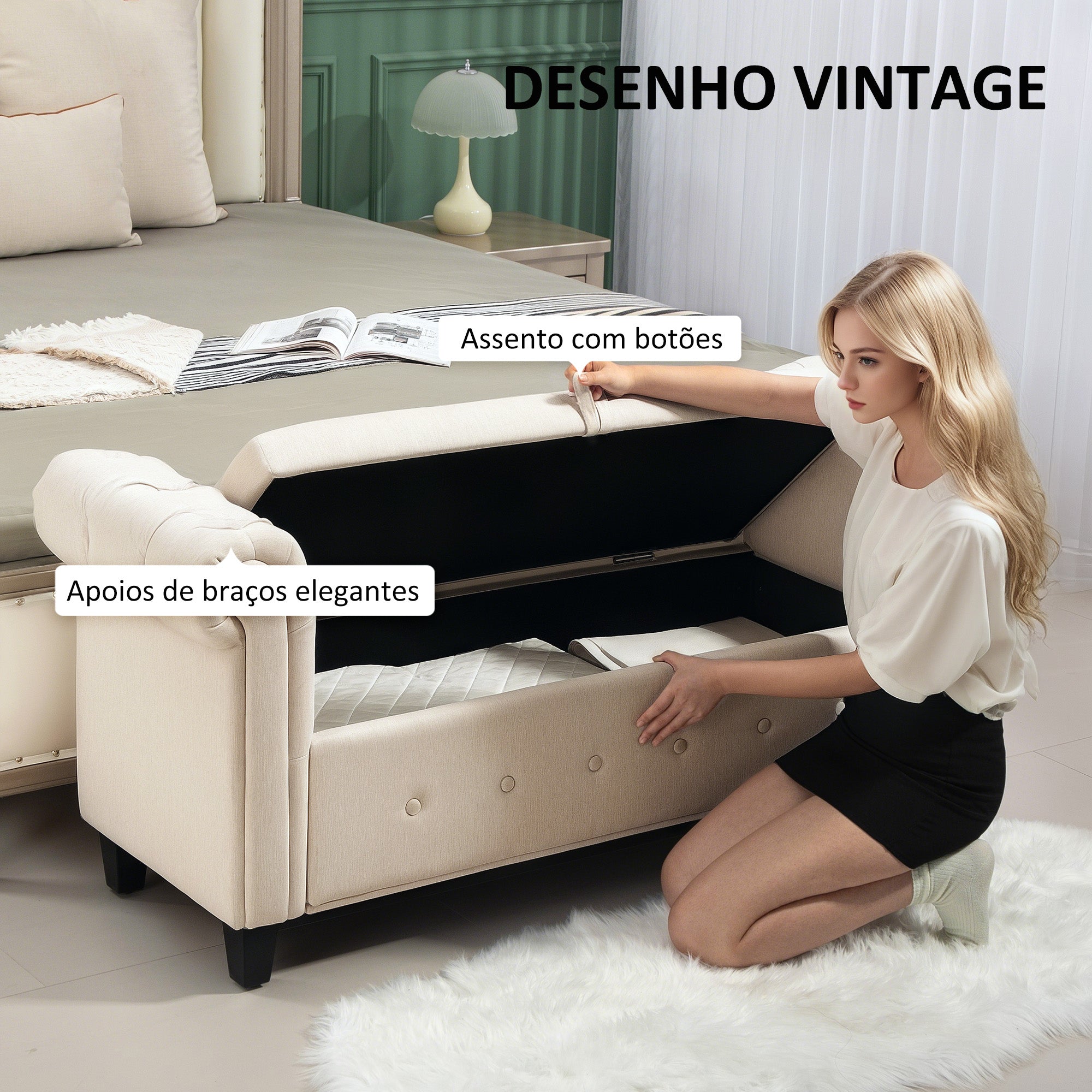 Banco Acolchoado com Armazenamento – 146,5x49x74,5 cm – Bege – Tecido de poliéster e Madeira de borracha