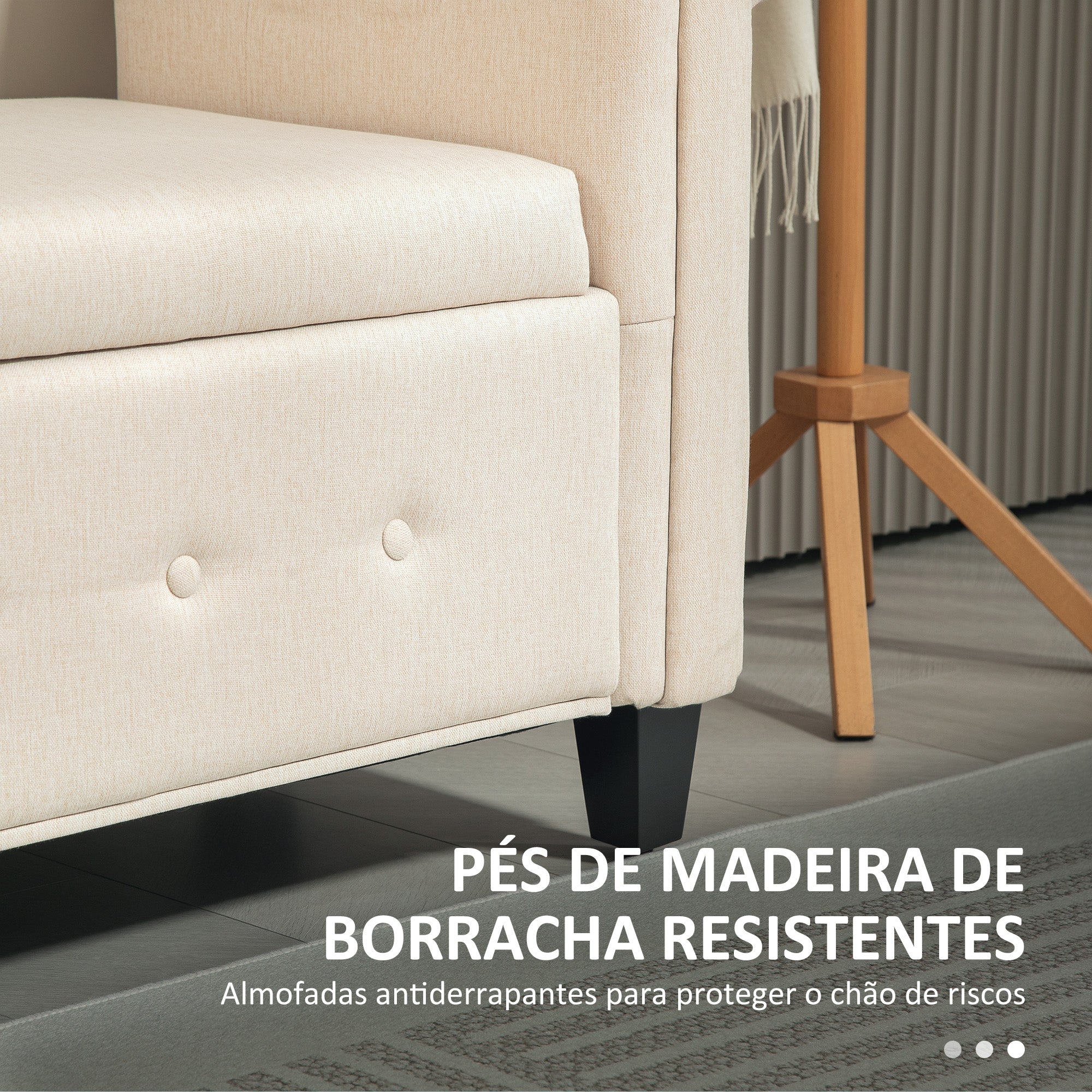Banco Acolchoado com Armazenamento – 146,5x49x74,5 cm – Bege – Tecido de poliéster e Madeira de borracha