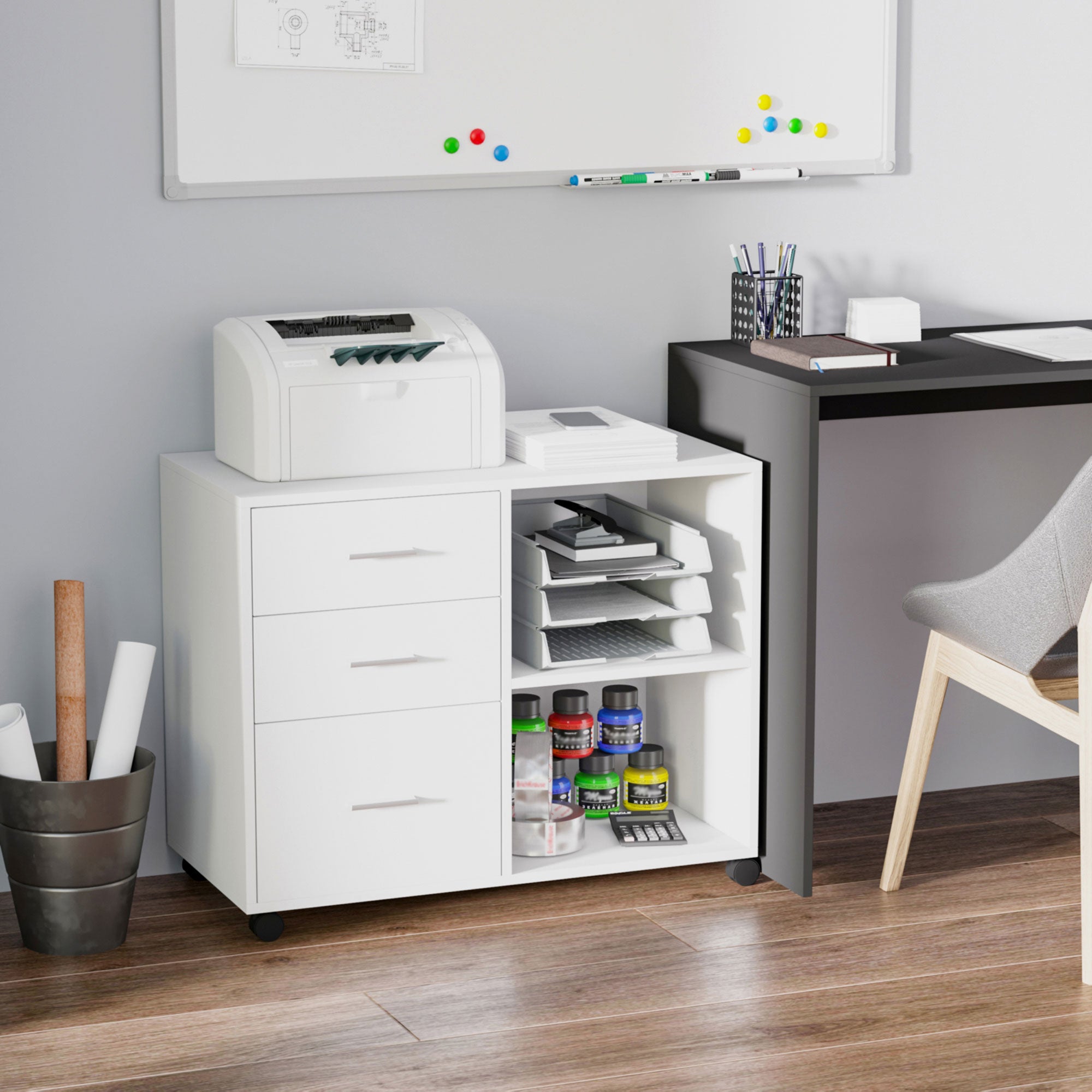 Armário de Escritório com 3 Gavetas e Prateleira Ajustável 80x40x65cm Branco