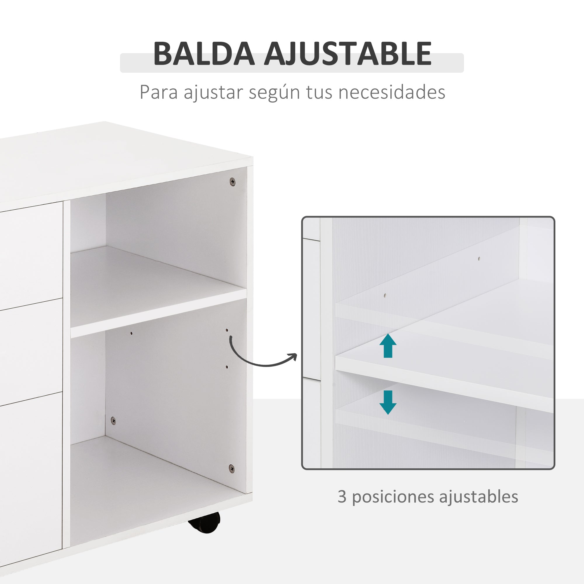 Armário de Escritório com 3 Gavetas e Prateleira Ajustável 80x40x65cm Branco