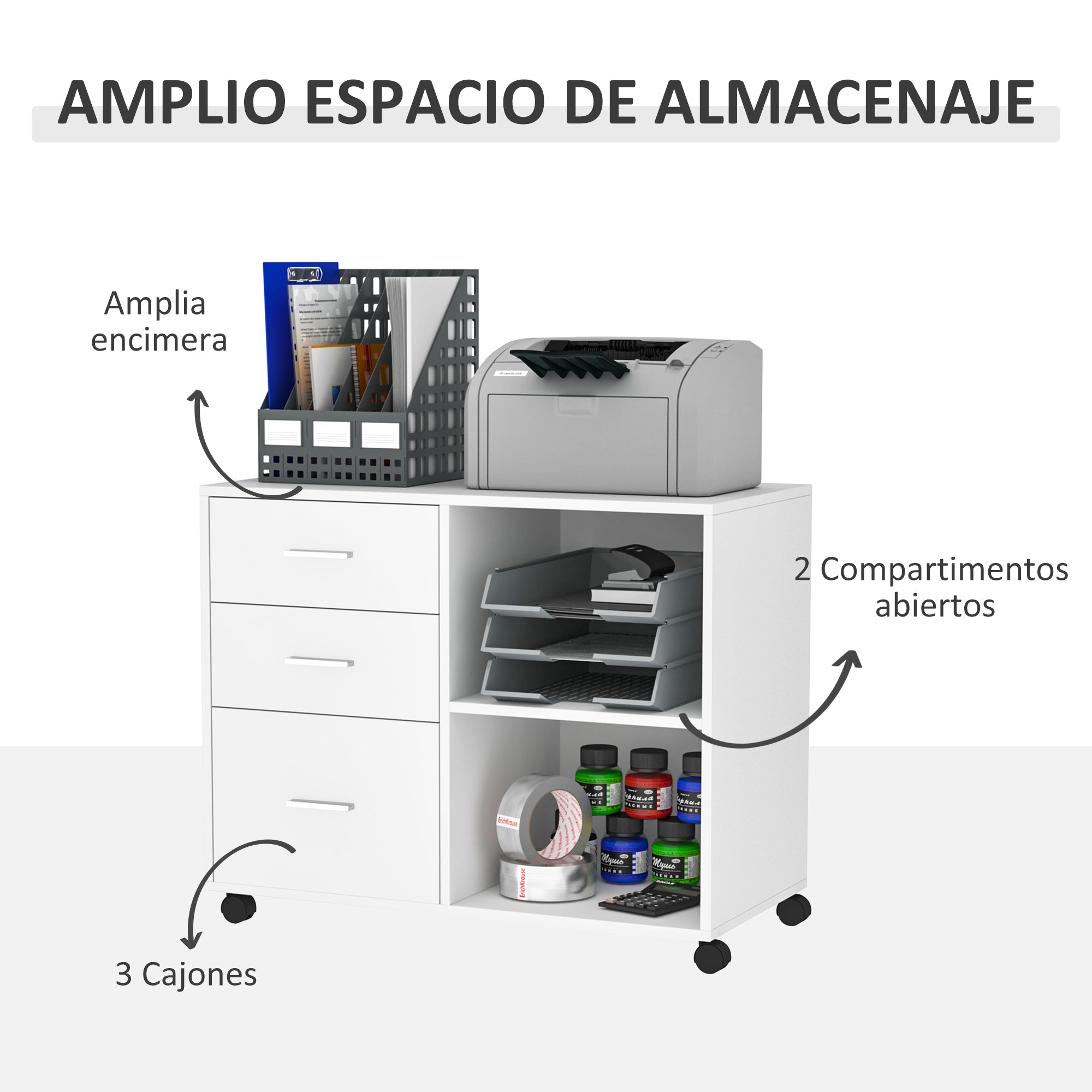 Armário de Escritório com 3 Gavetas e Prateleira Ajustável 80x40x65cm Branco