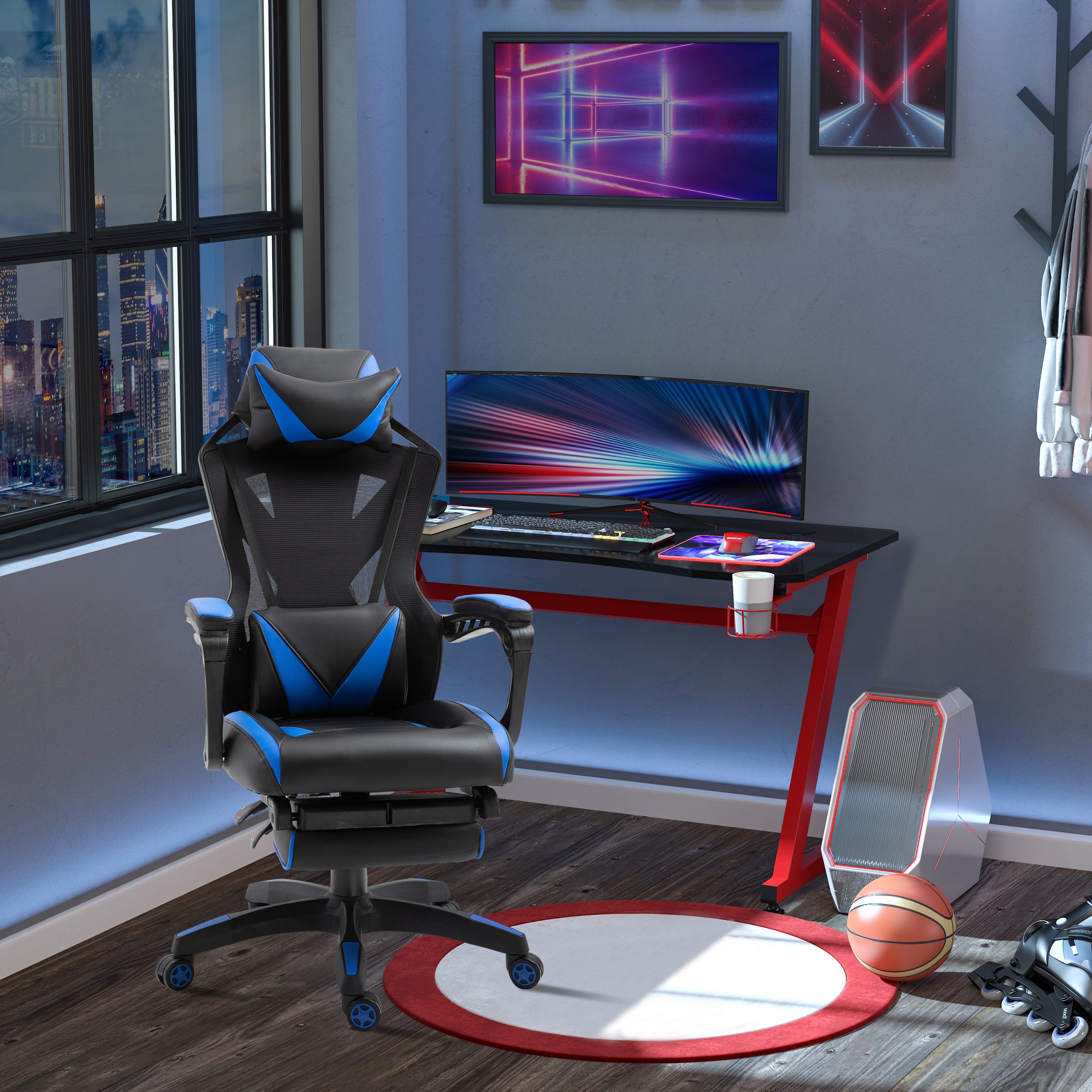 Cadeira Gaming Ergonómica com Encosto Ajustável 65x70x117-125cm Azul