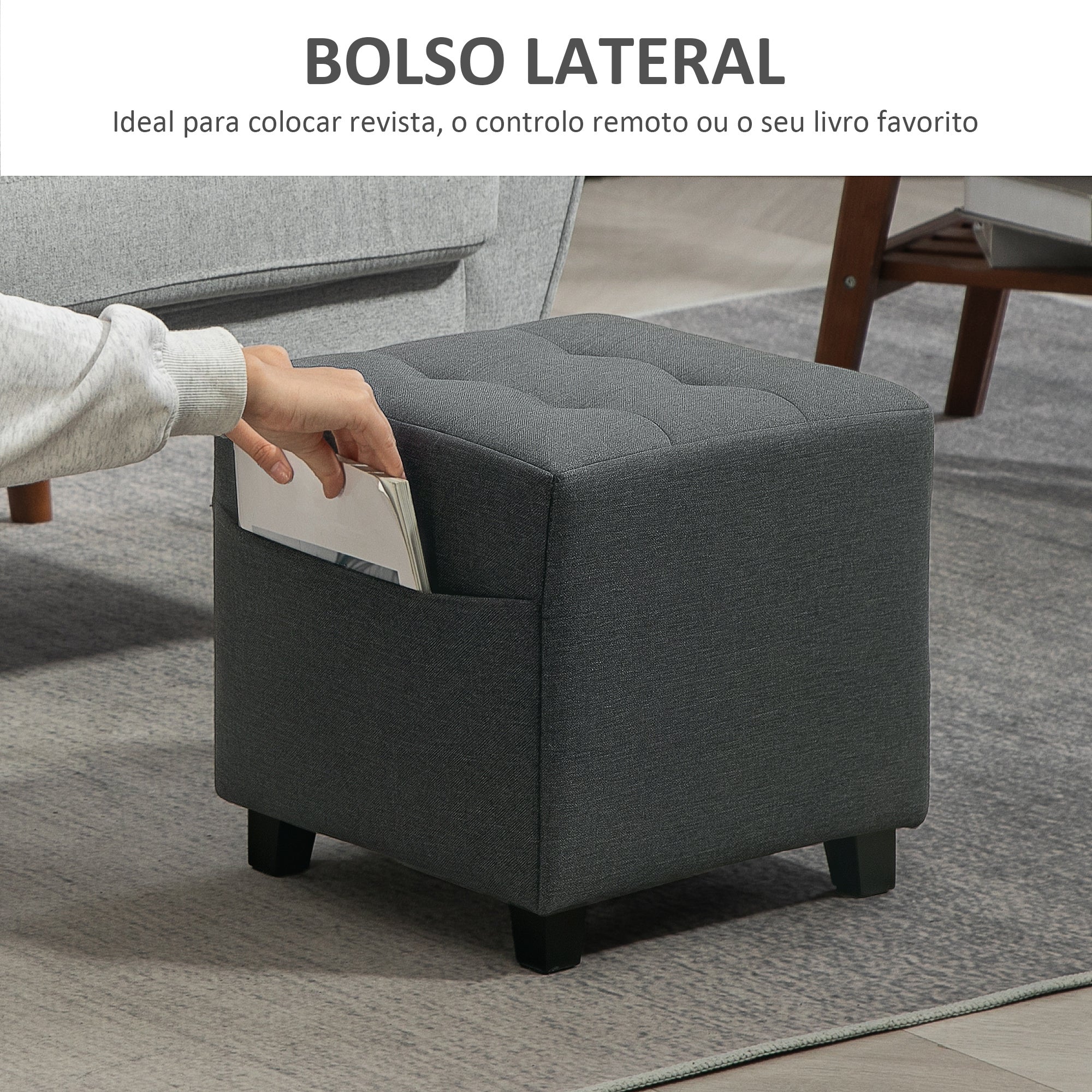 Banco de Apoio para os Pés – 35x35x35 cm – Cinzento – Linho e Madeira