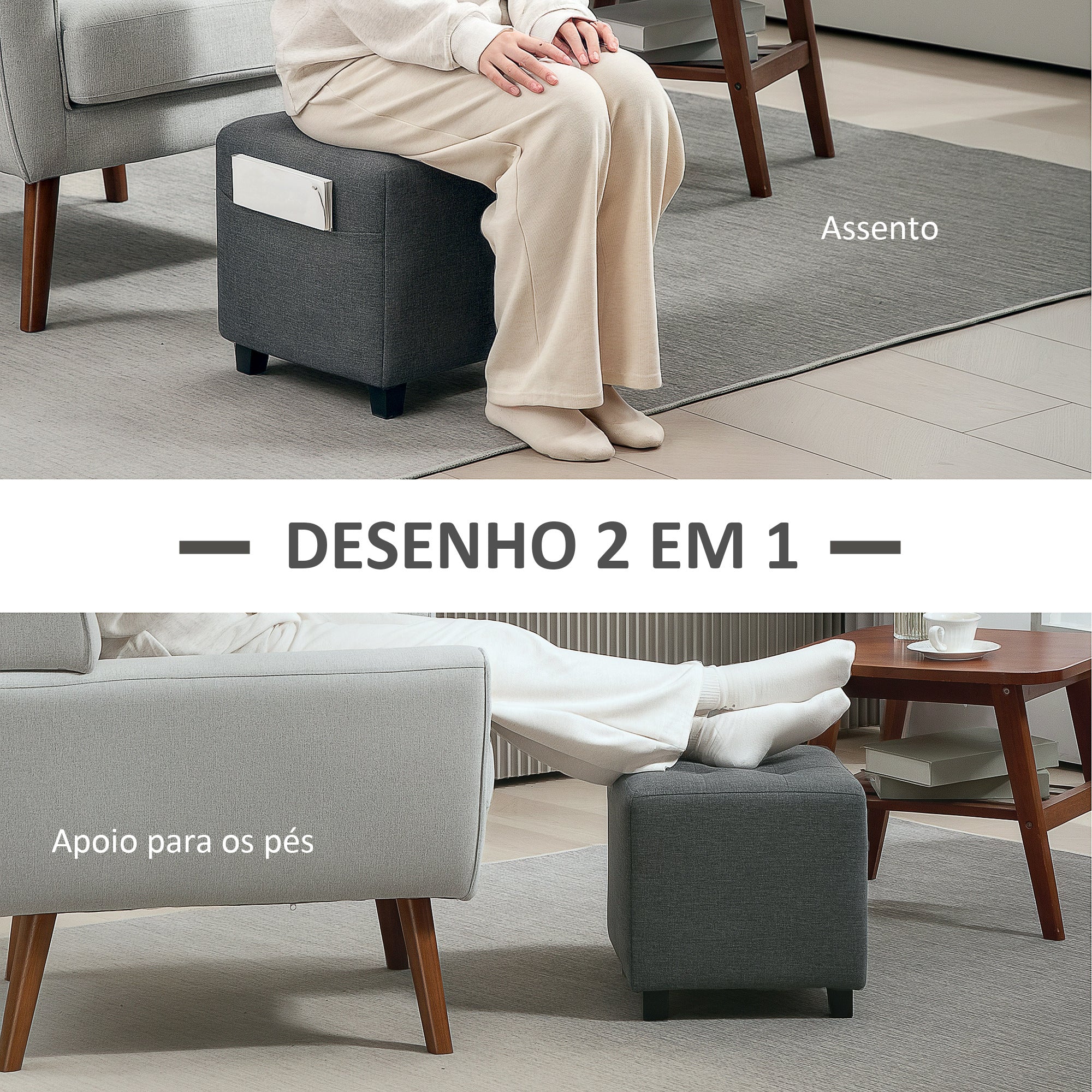 Banco de Apoio para os Pés – 35x35x35 cm – Cinzento – Linho e Madeira