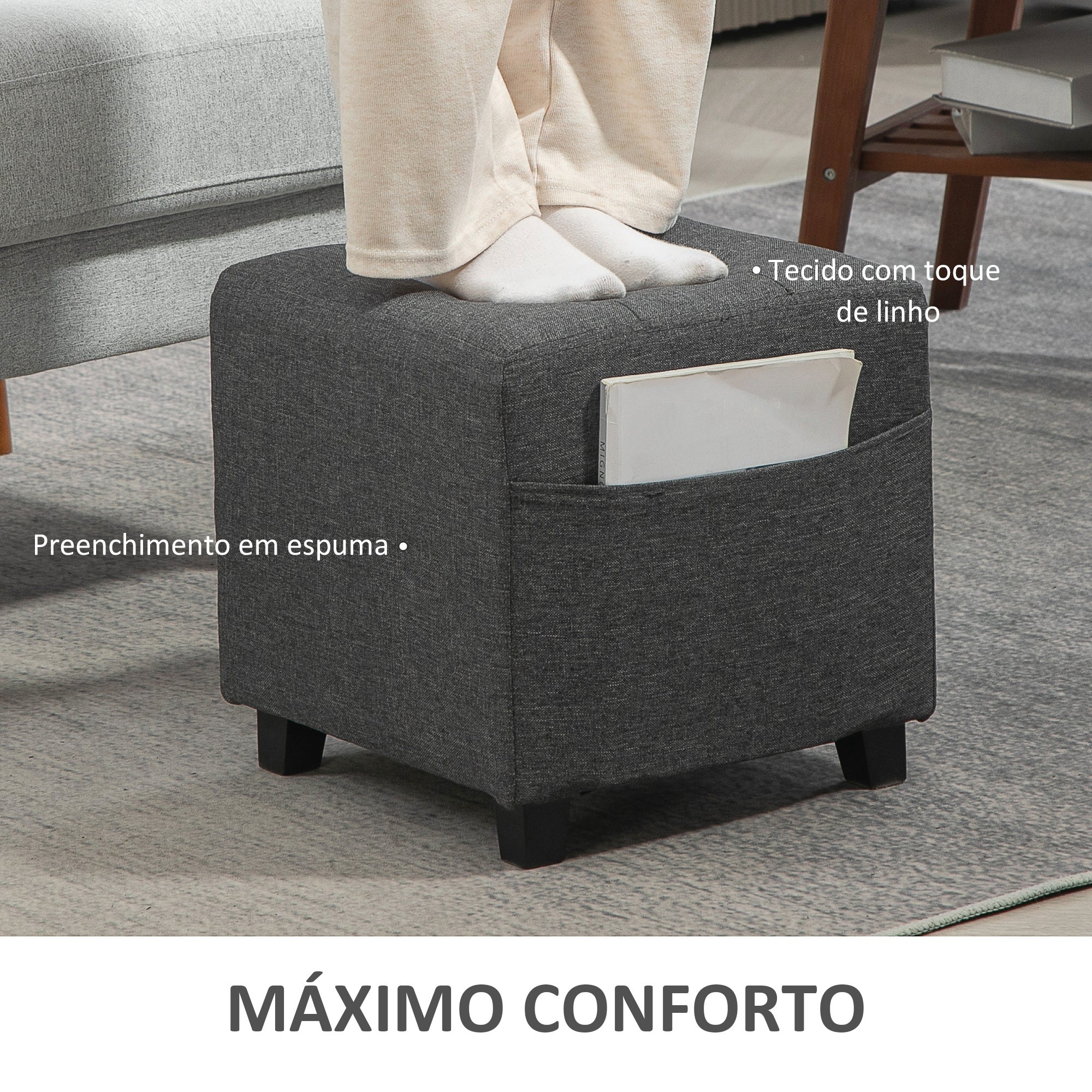 Banco de Apoio para os Pés – 35x35x35 cm – Cinzento – Linho e Madeira