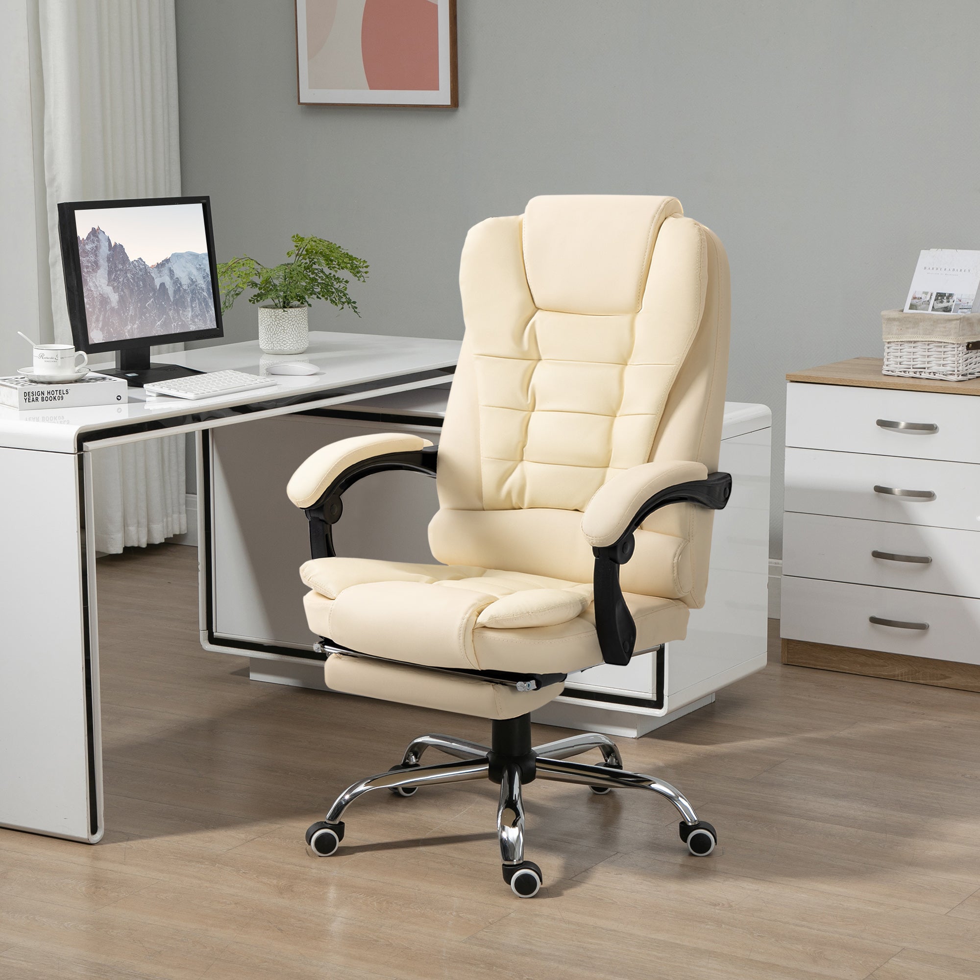 Cadeira de Escritório Reclinável com Apoio para os Pés - Creme Branco 64,5x69x109-117 cm