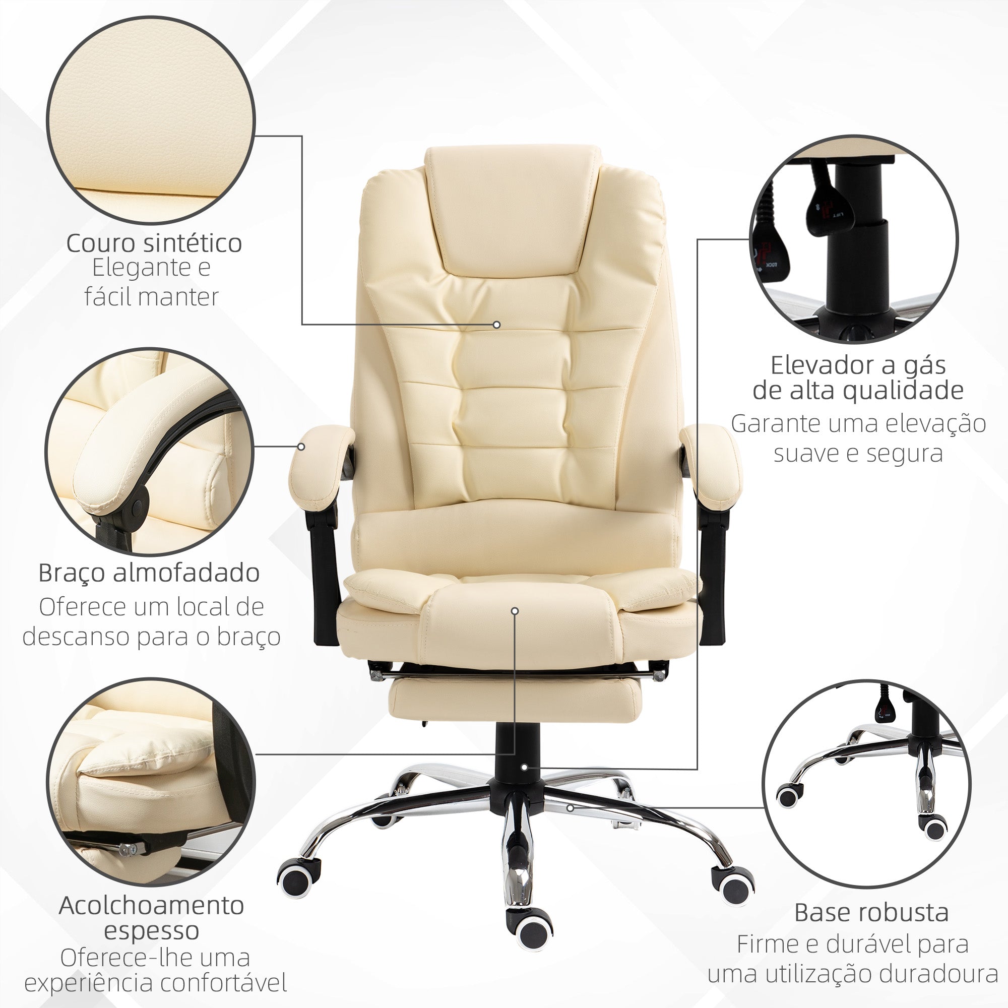 Cadeira de Escritório Reclinável com Apoio para os Pés - Creme Branco 64,5x69x109-117 cm
