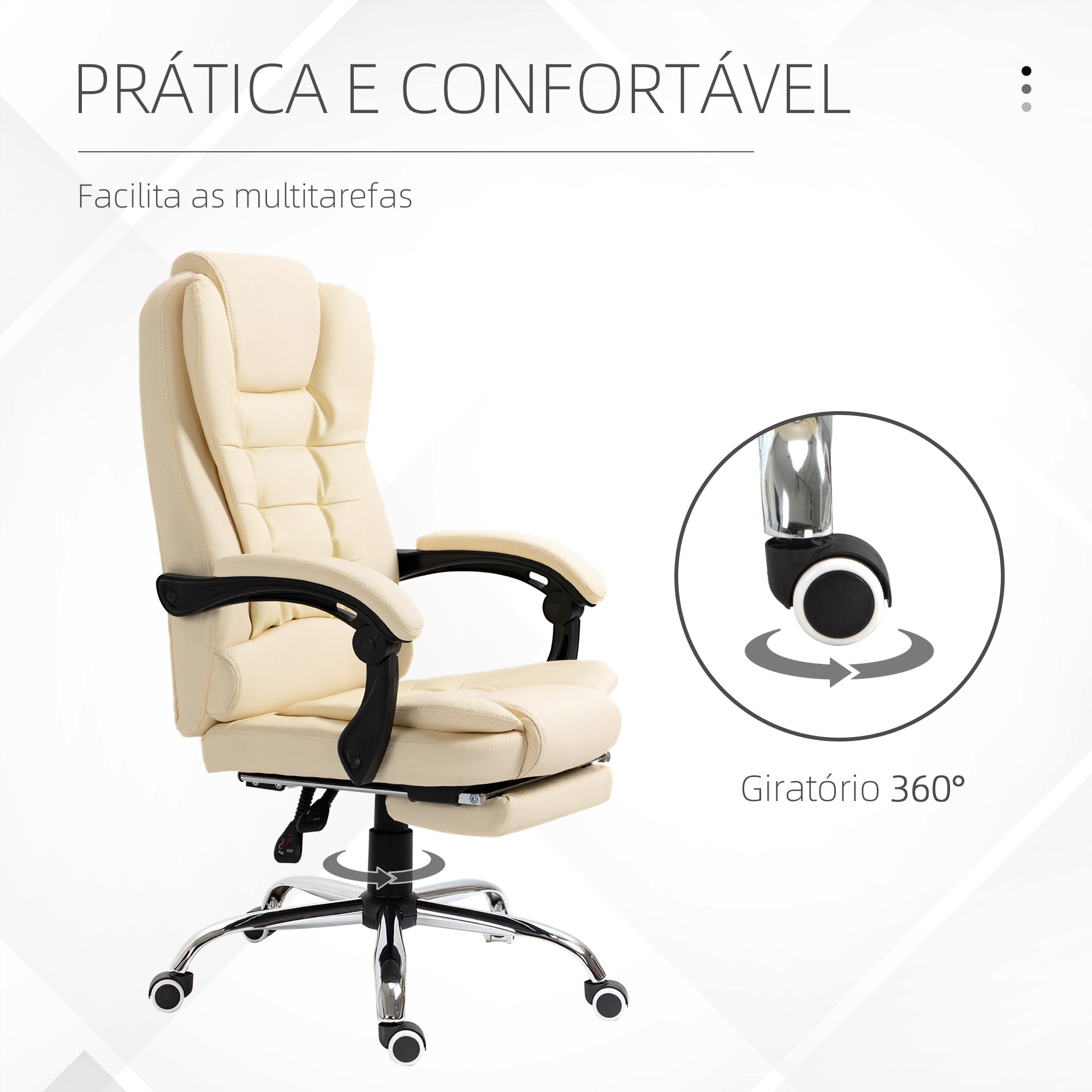 Cadeira de Escritório Reclinável com Apoio para os Pés - Creme Branco 64,5x69x109-117 cm