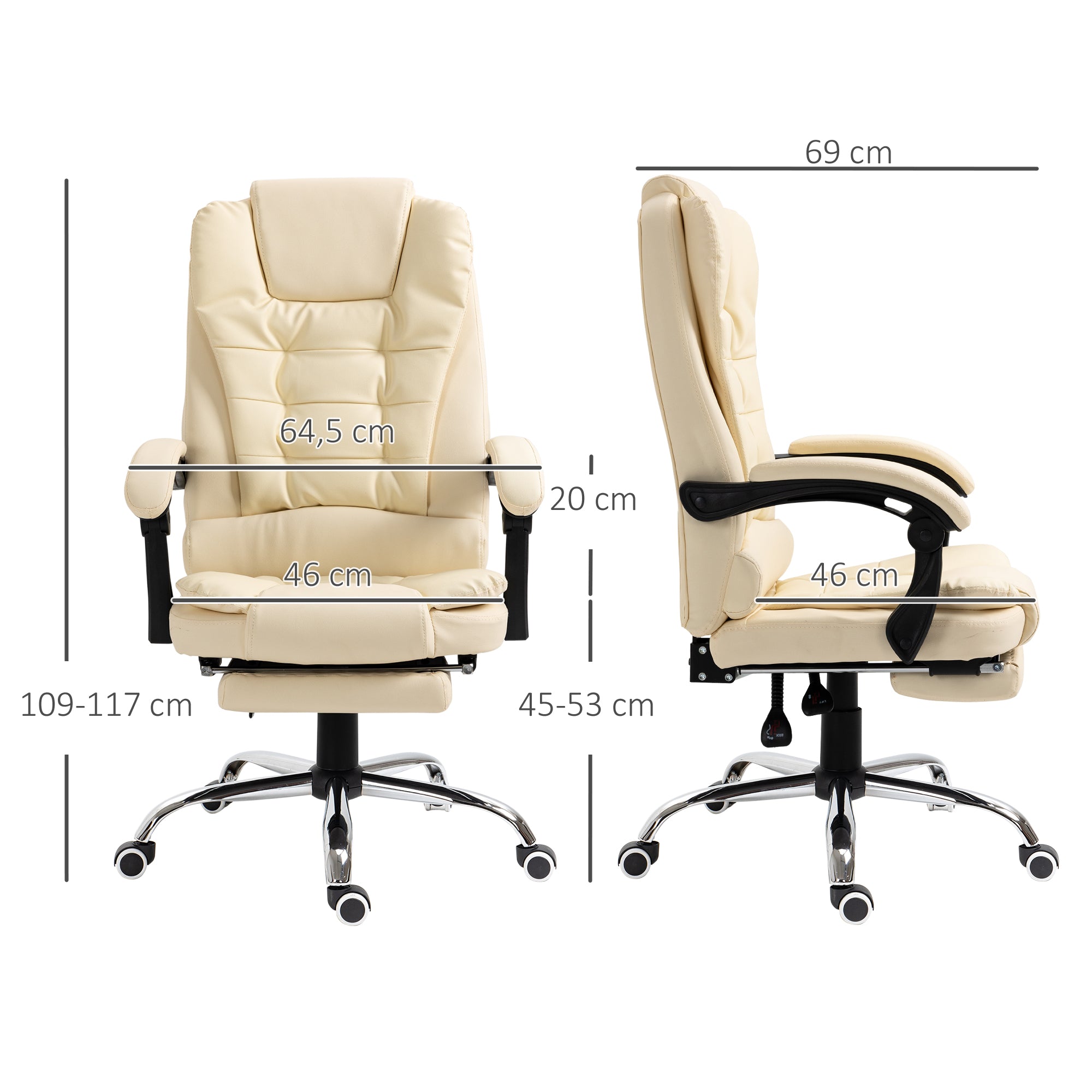 Cadeira de Escritório Reclinável com Apoio para os Pés - Creme Branco 64,5x69x109-117 cm