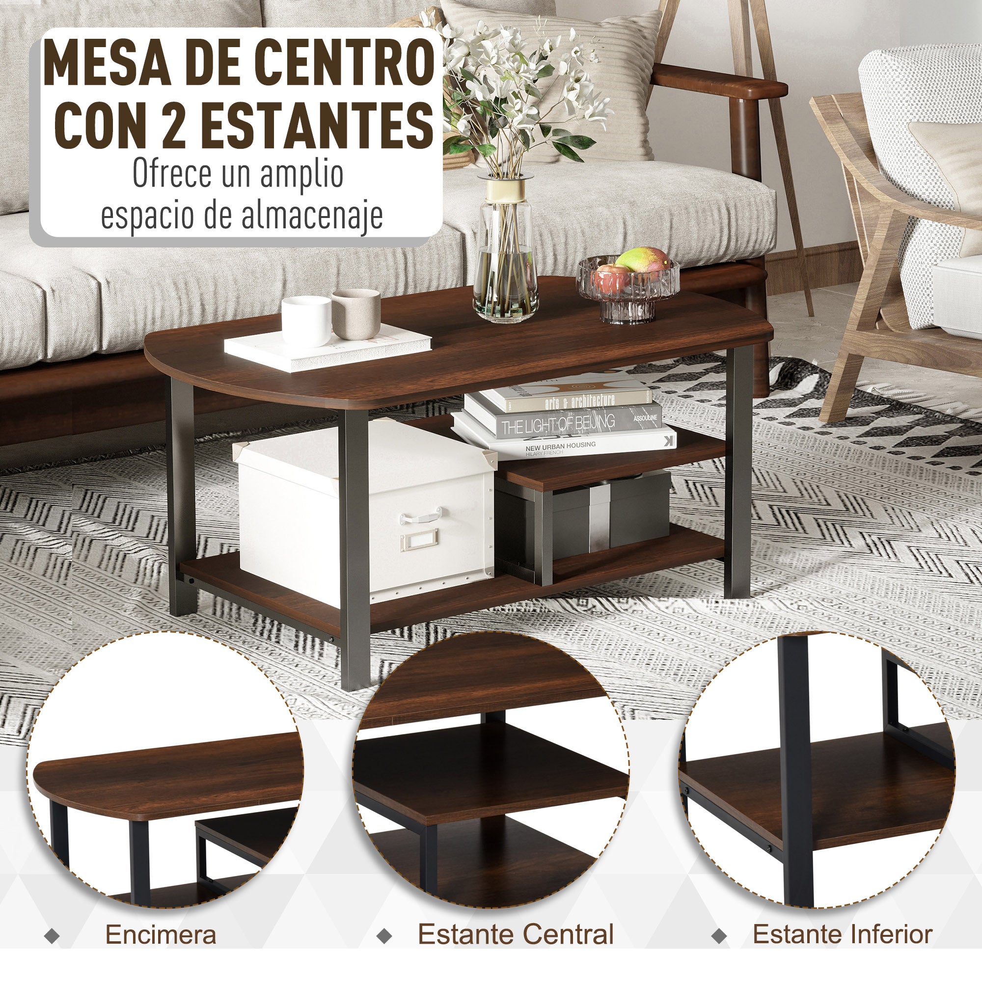 Mesa de Centro Estilo Vintage 100x60x46 cm - Castanho Rústico