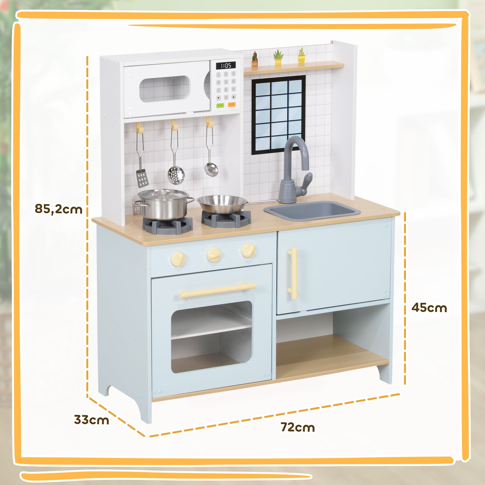 Cozinha de Madeira para Crianças - 72x33x85,2 cm - Azul e Branco