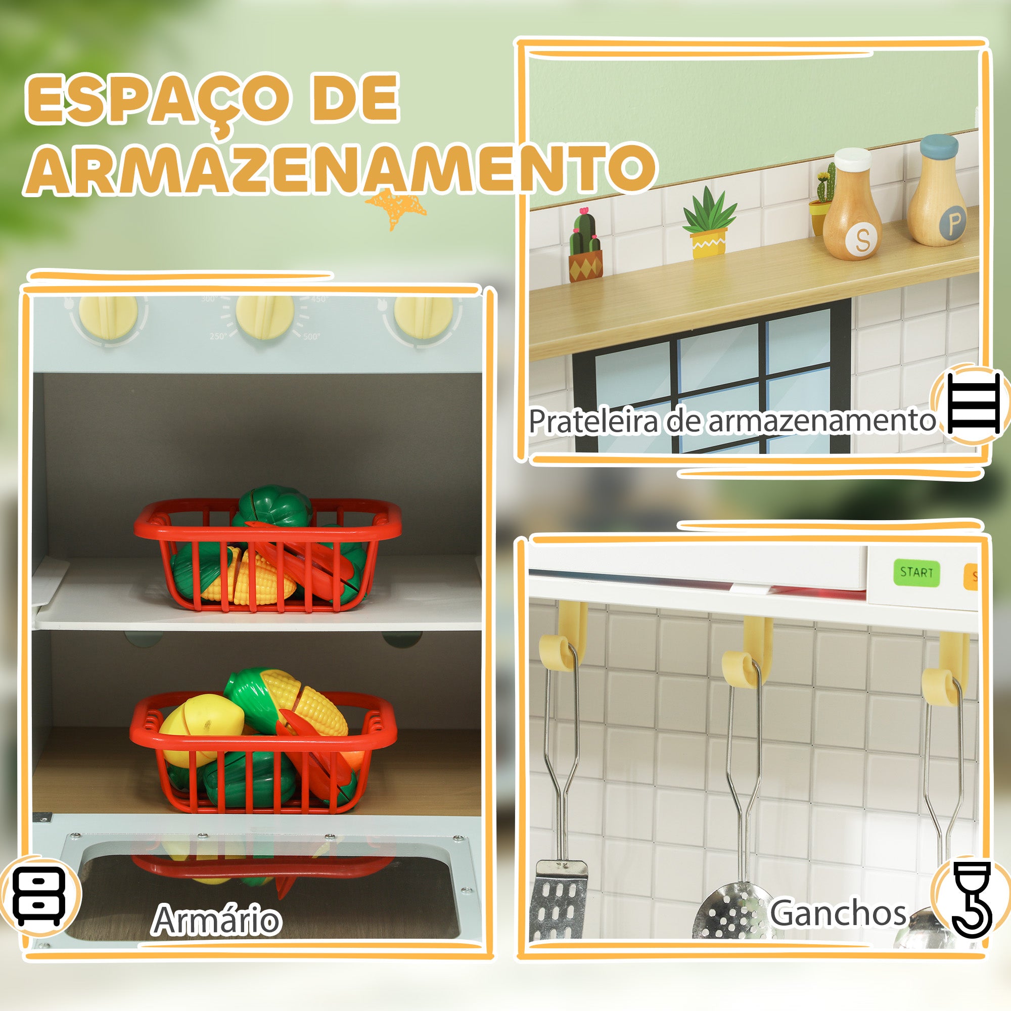 Cozinha de Madeira para Crianças - 72x33x85,2 cm - Azul e Branco