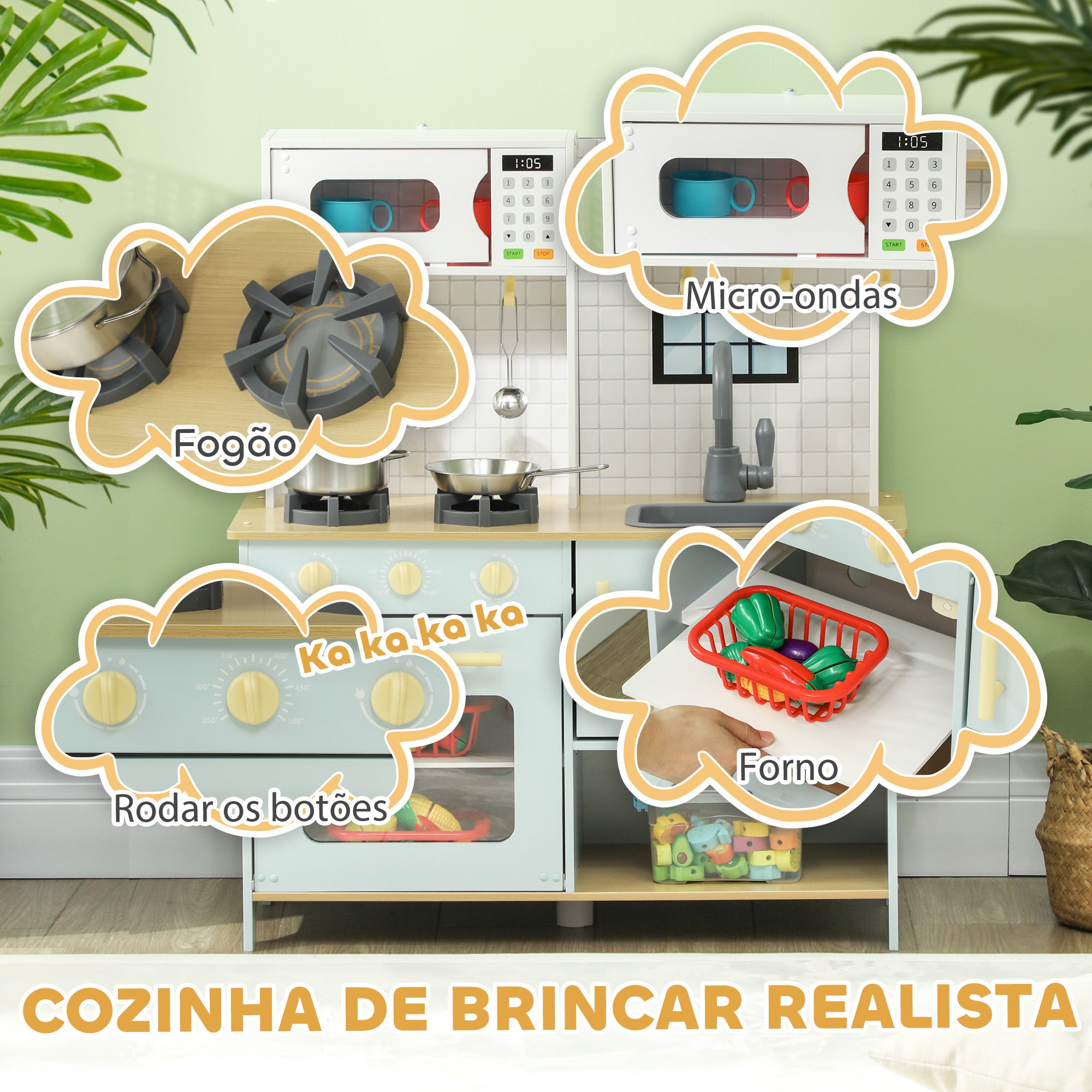 Cozinha de Madeira para Crianças - 72x33x85,2 cm - Azul e Branco
