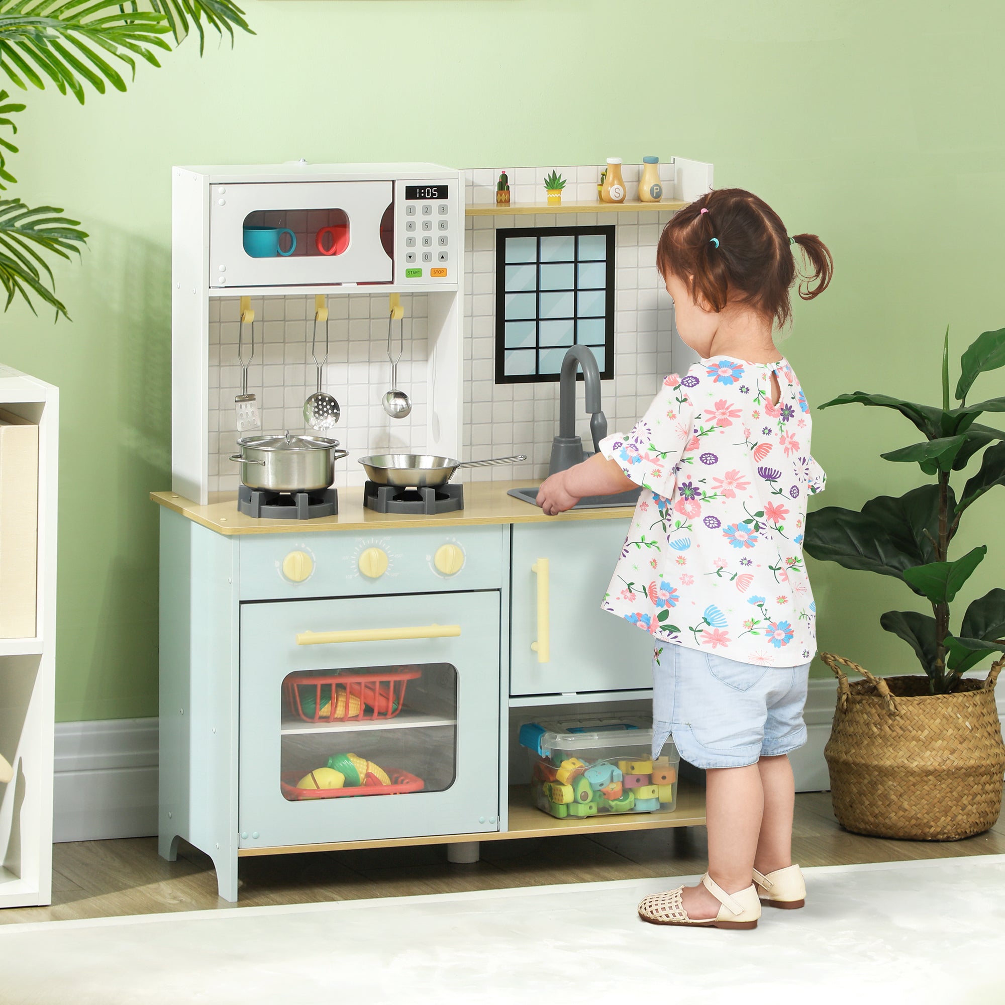 Cozinha de Madeira para Crianças - 72x33x85,2 cm - Azul e Branco
