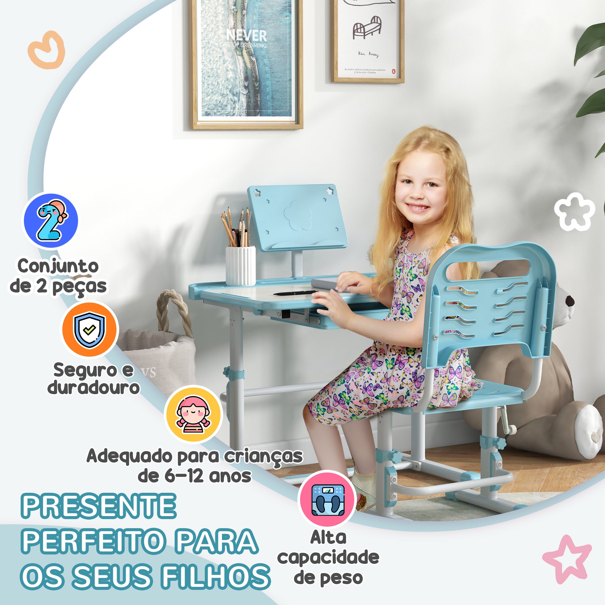 Conjunto de Secretária e Cadeira para Crianças - Medidas 80x49,5x82-104 cm - Cor Azul