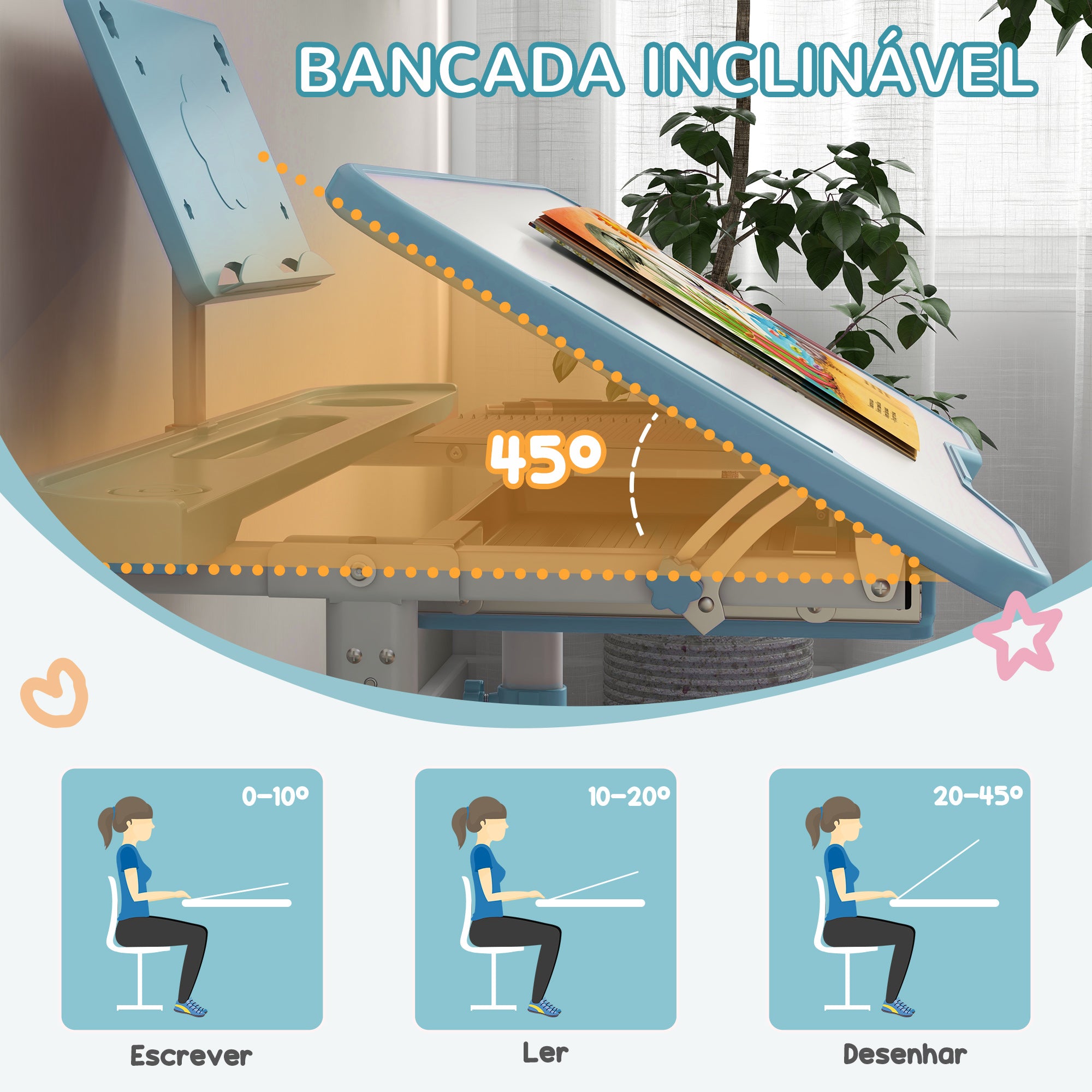 Conjunto de Secretária e Cadeira para Crianças - Medidas 80x49,5x82-104 cm - Cor Azul