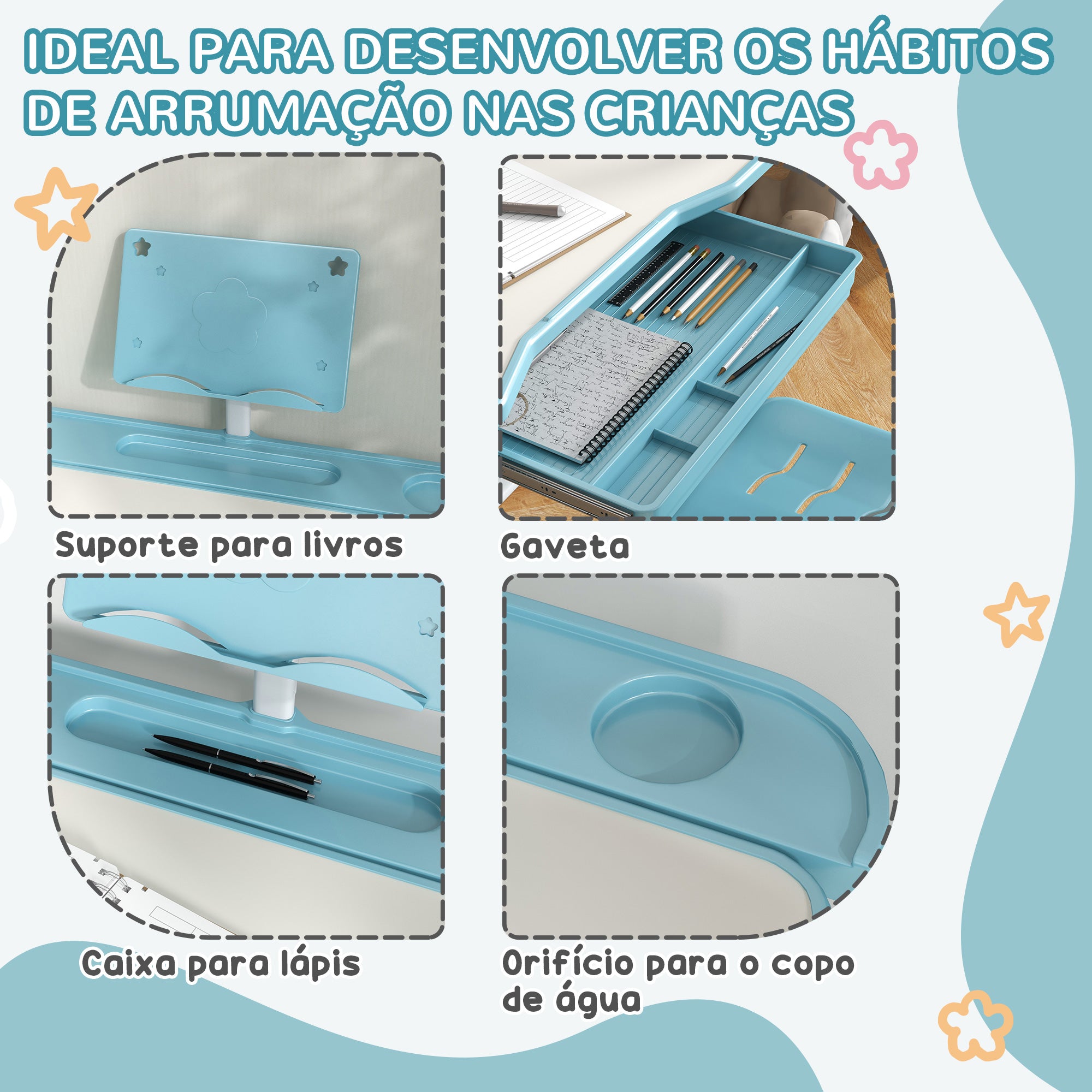 Conjunto de Secretária e Cadeira para Crianças - Medidas 80x49,5x82-104 cm - Cor Azul